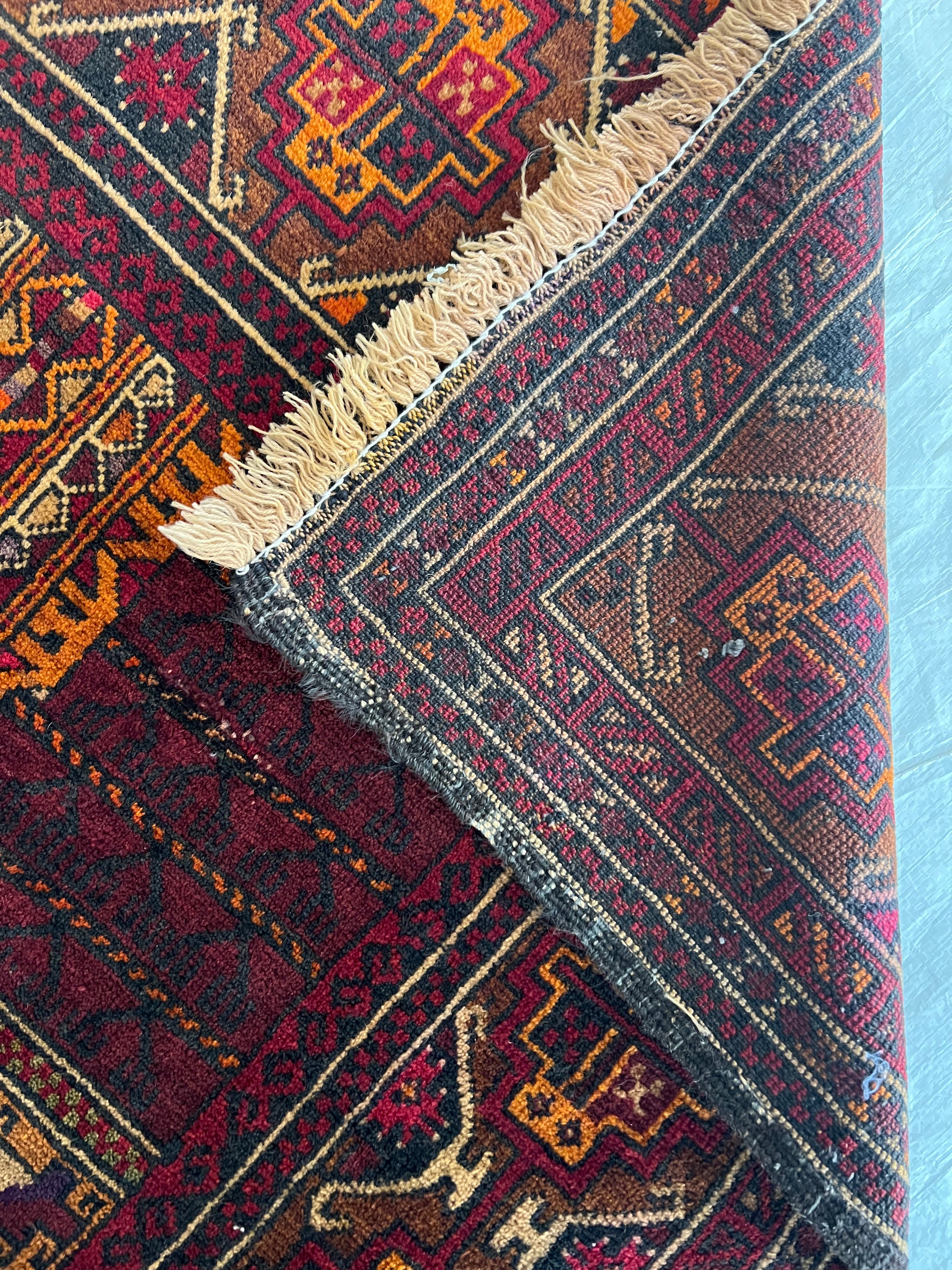 Baluch Rug 3x5 | Burgundy, Brown & Gold | Hand-Knotted Wool