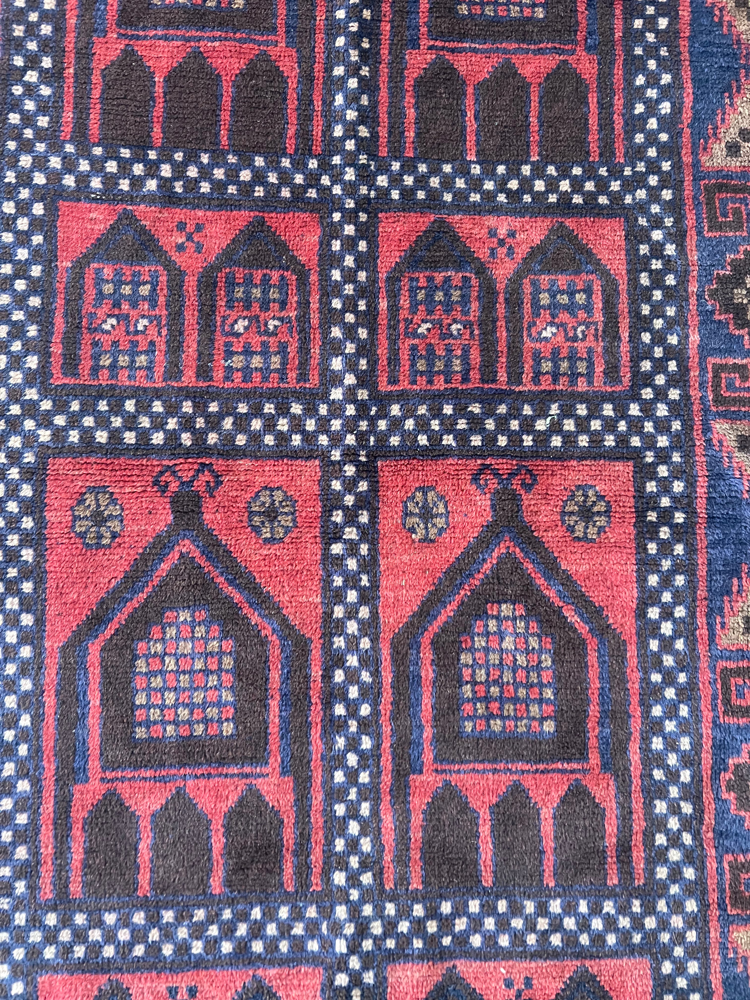Geometric Rug 3x4 | Red, Navy & Brown | Hand-Knotted Wool