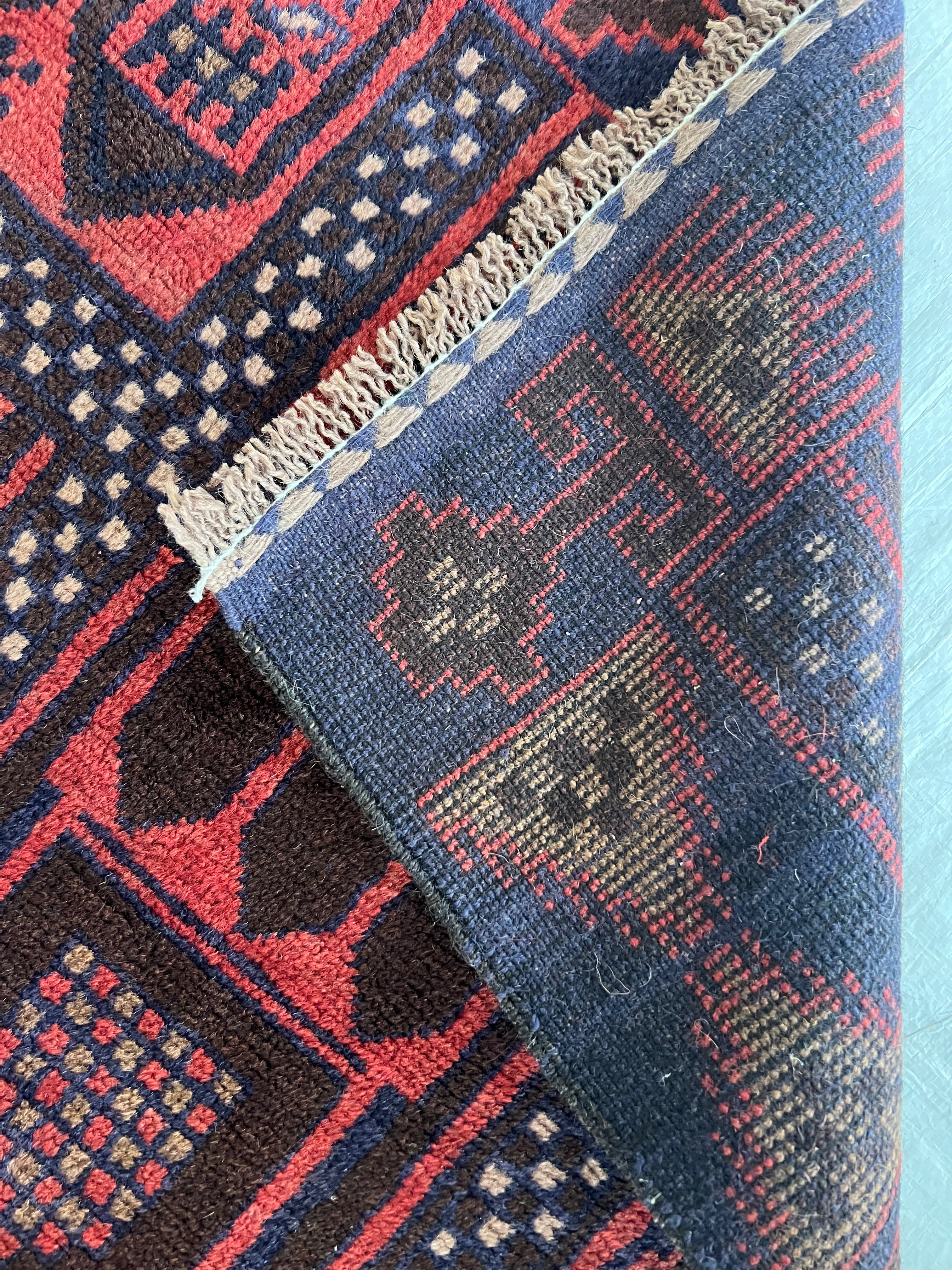 Geometric Rug 3x4 | Red, Navy & Brown | Hand-Knotted Wool