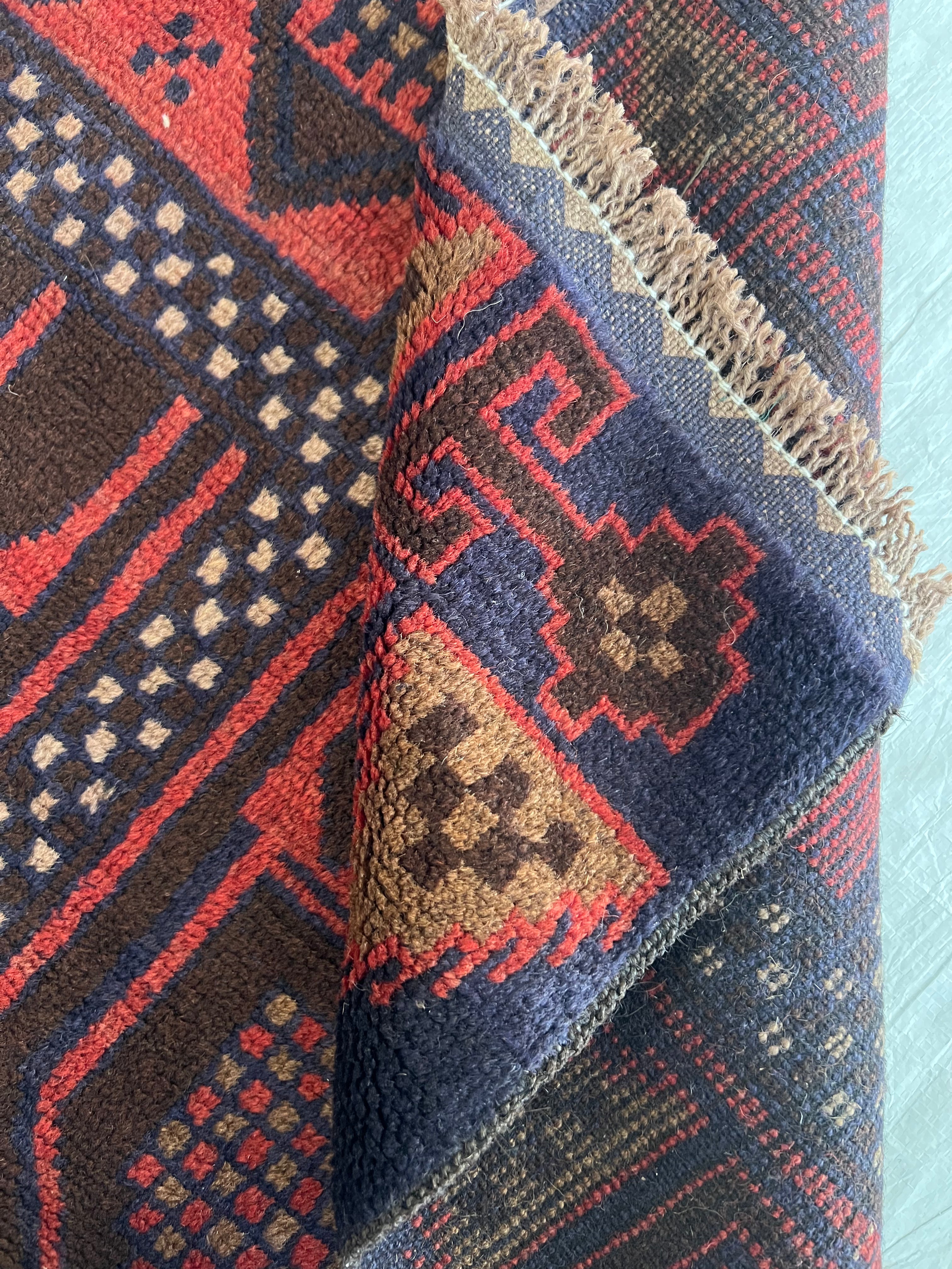 Geometric Rug 3x4 | Red, Navy & Brown | Hand-Knotted Wool
