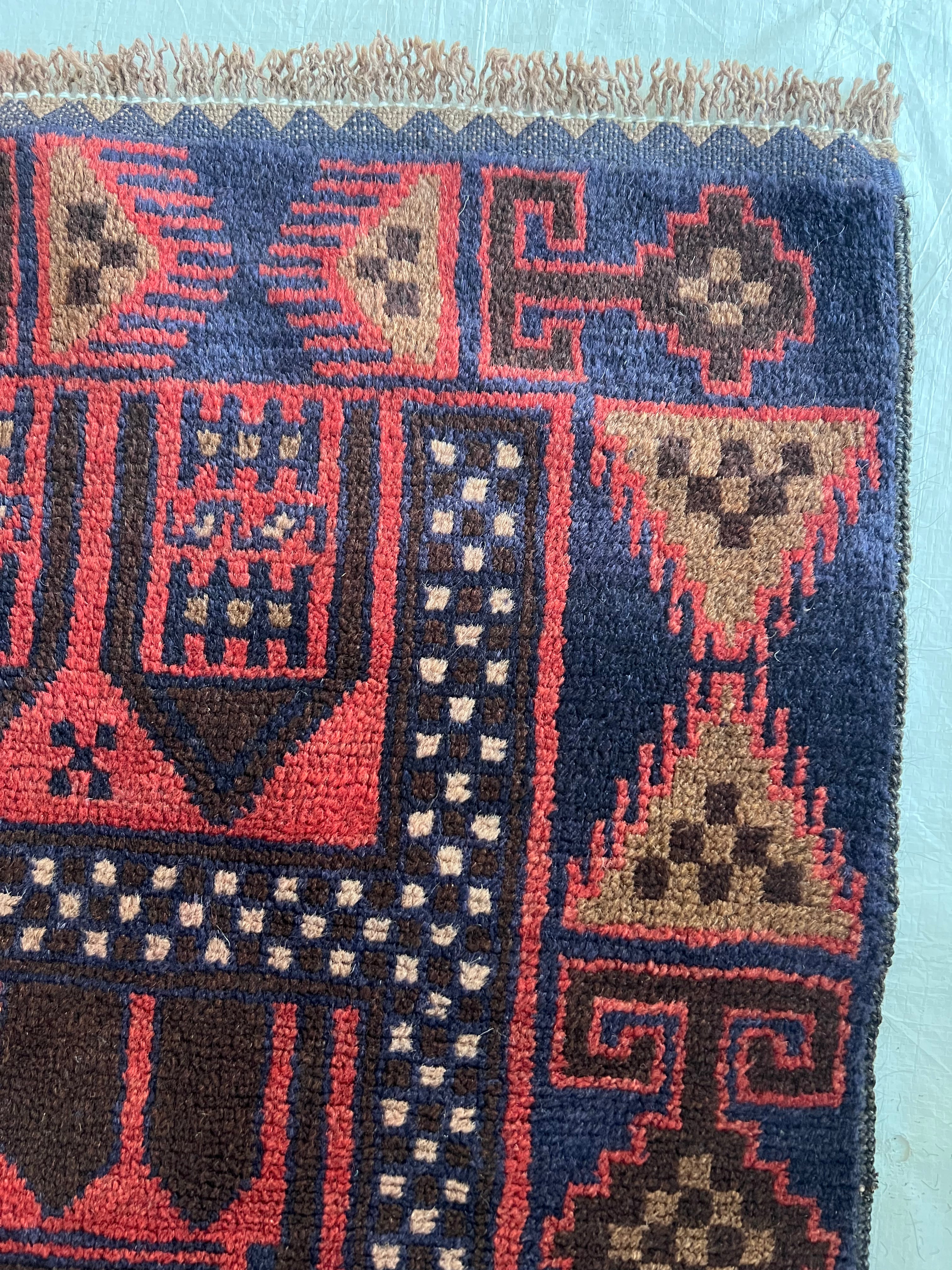 Geometric Rug 3x4 | Red, Navy & Brown | Hand-Knotted Wool