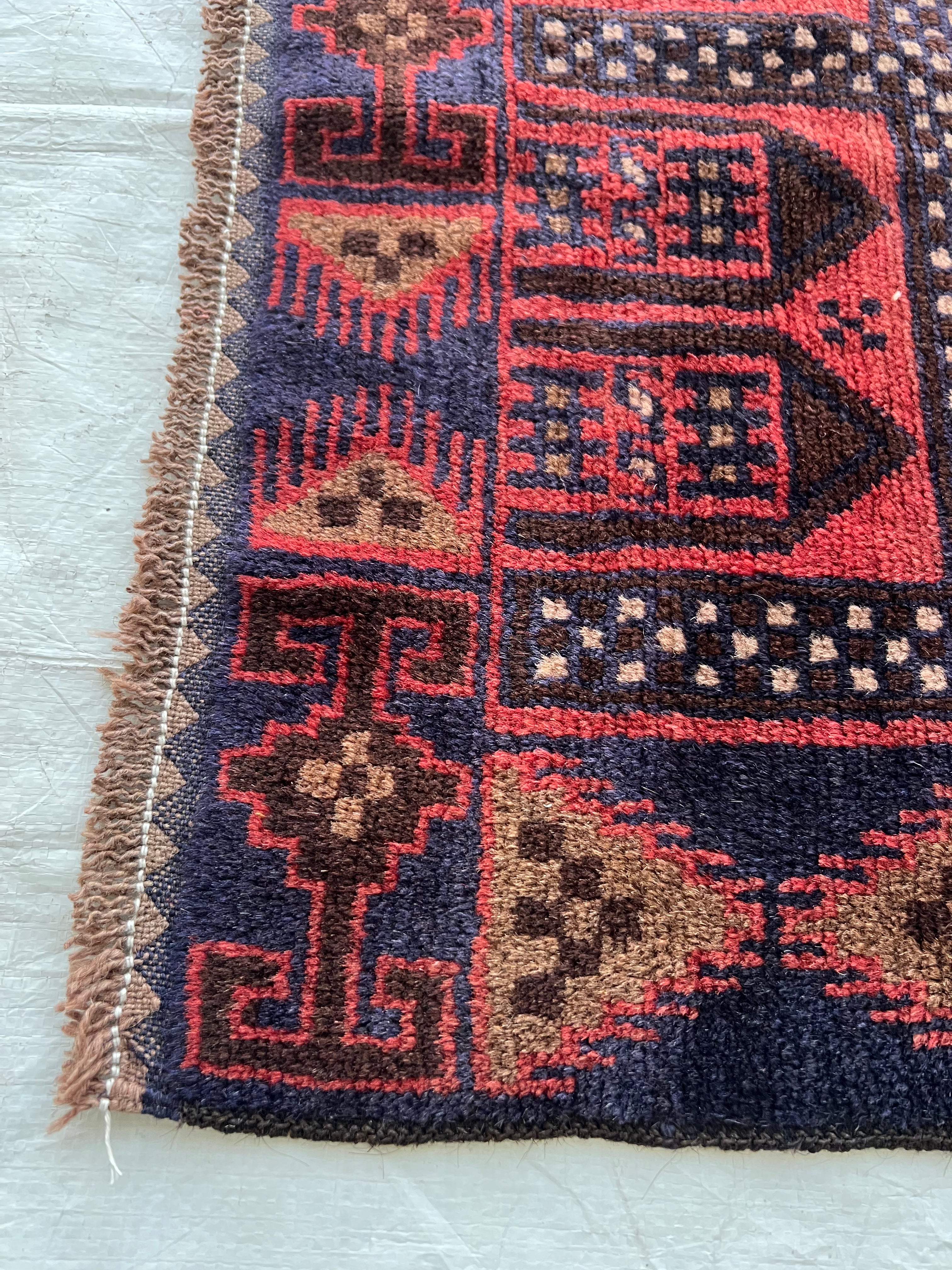 Geometric Rug 3x4 | Red, Navy & Brown | Hand-Knotted Wool