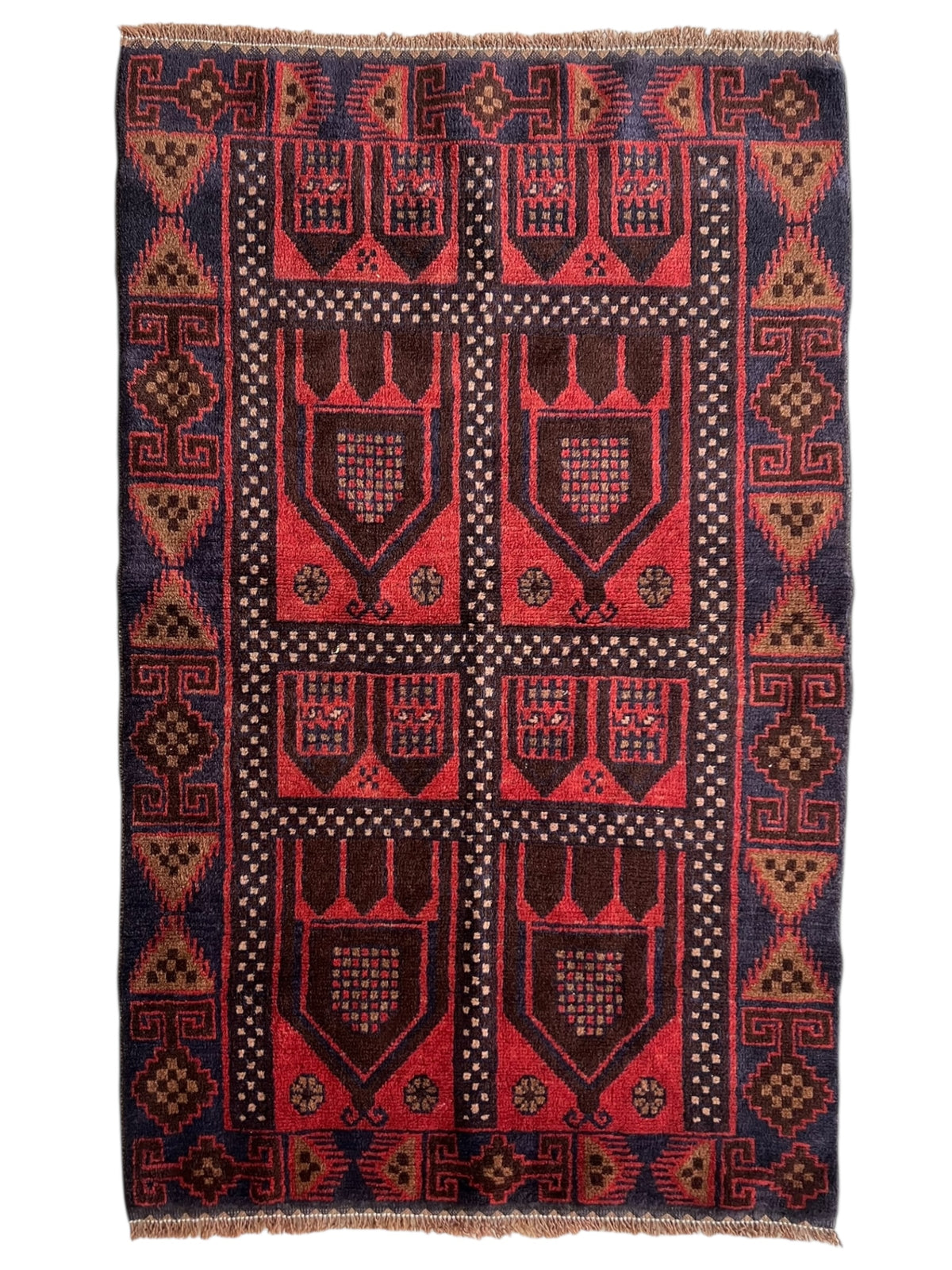 Geometric Rug 3x4 | Red, Navy & Brown | Hand-Knotted Wool