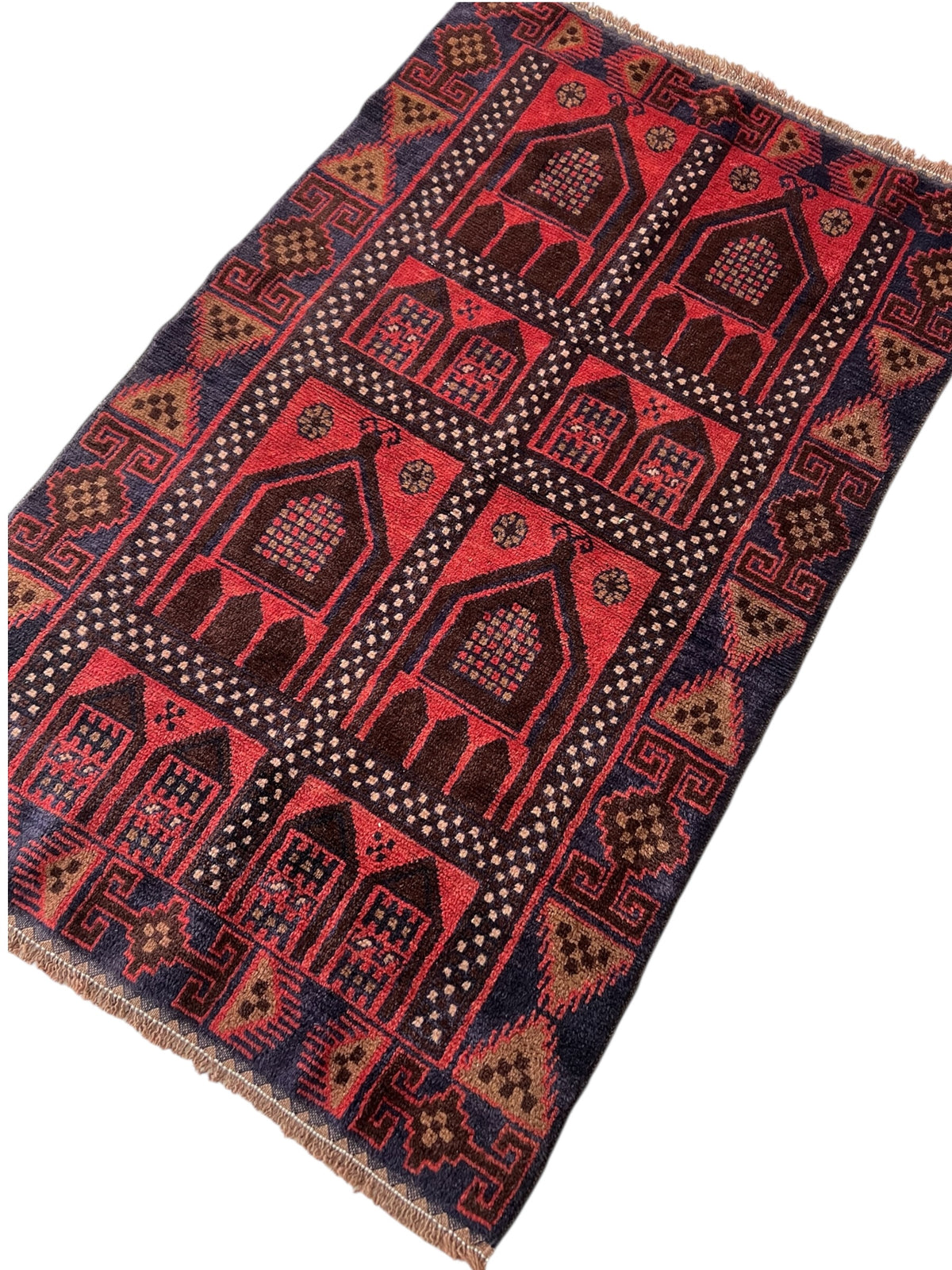 Geometric Rug 3x4 | Red, Navy & Brown | Hand-Knotted Wool
