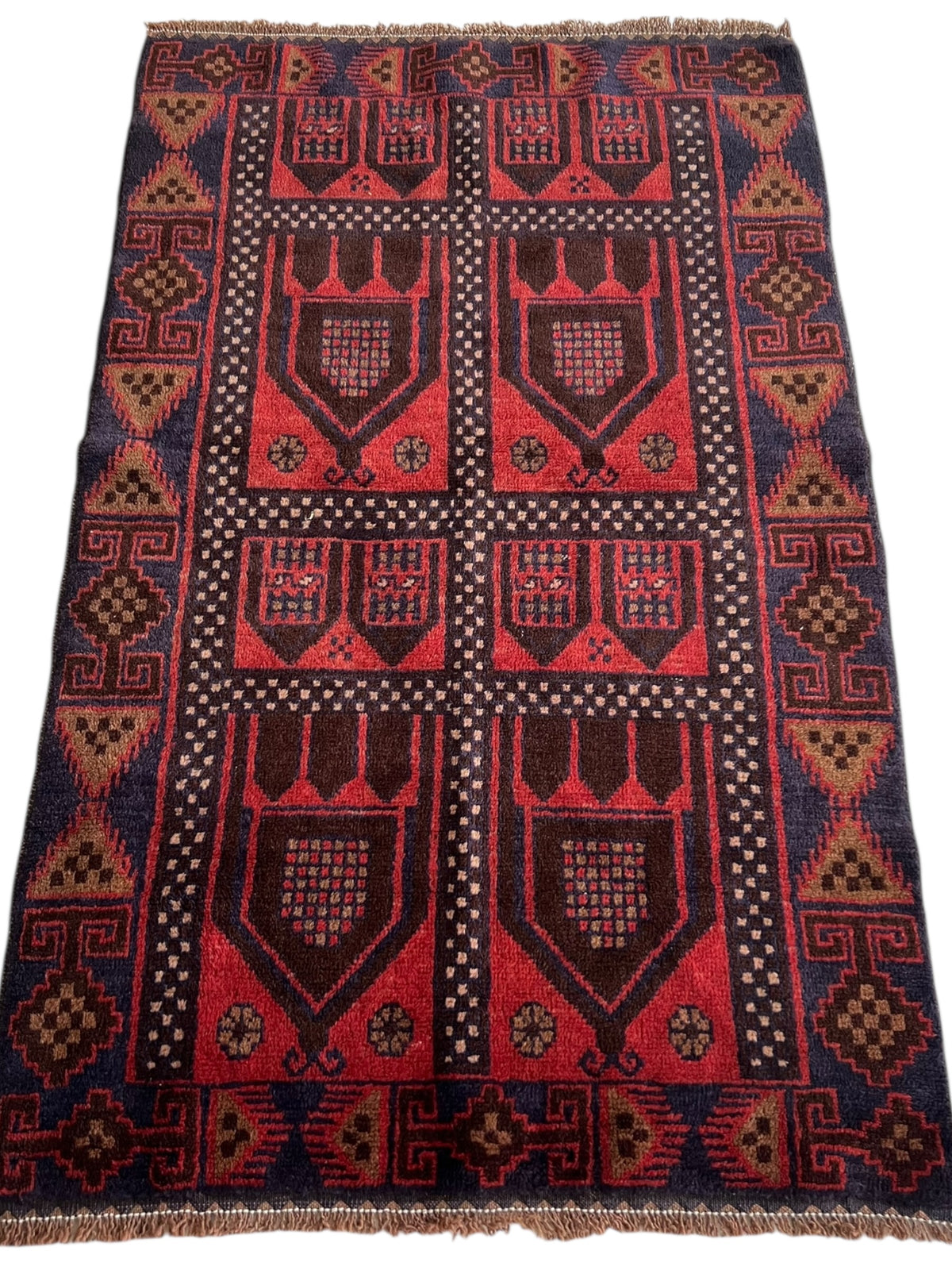 Geometric Rug 3x4 | Red, Navy & Brown | Hand-Knotted Wool