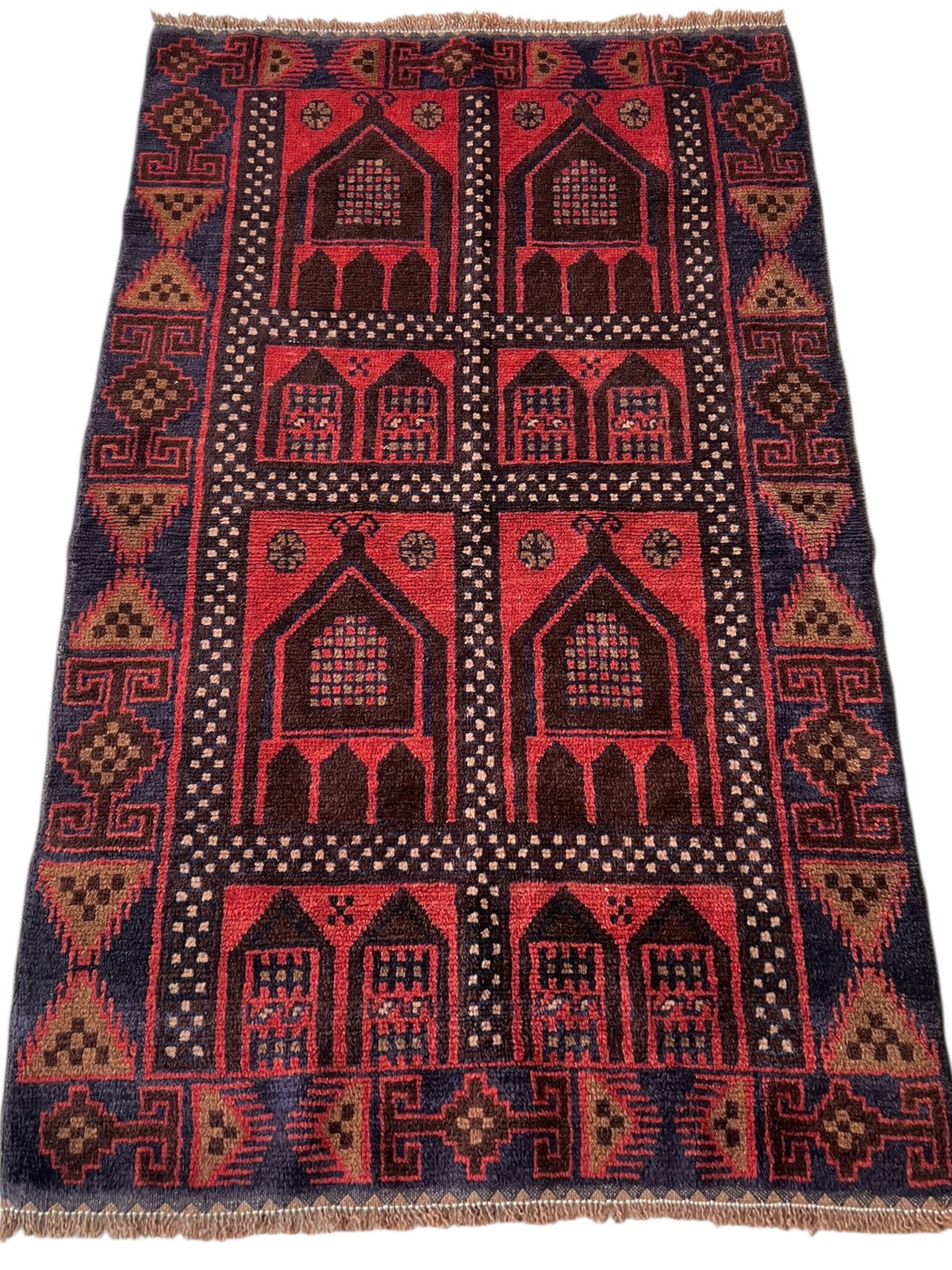 Geometric Rug 3x4 | Red, Navy & Brown | Hand-Knotted Wool