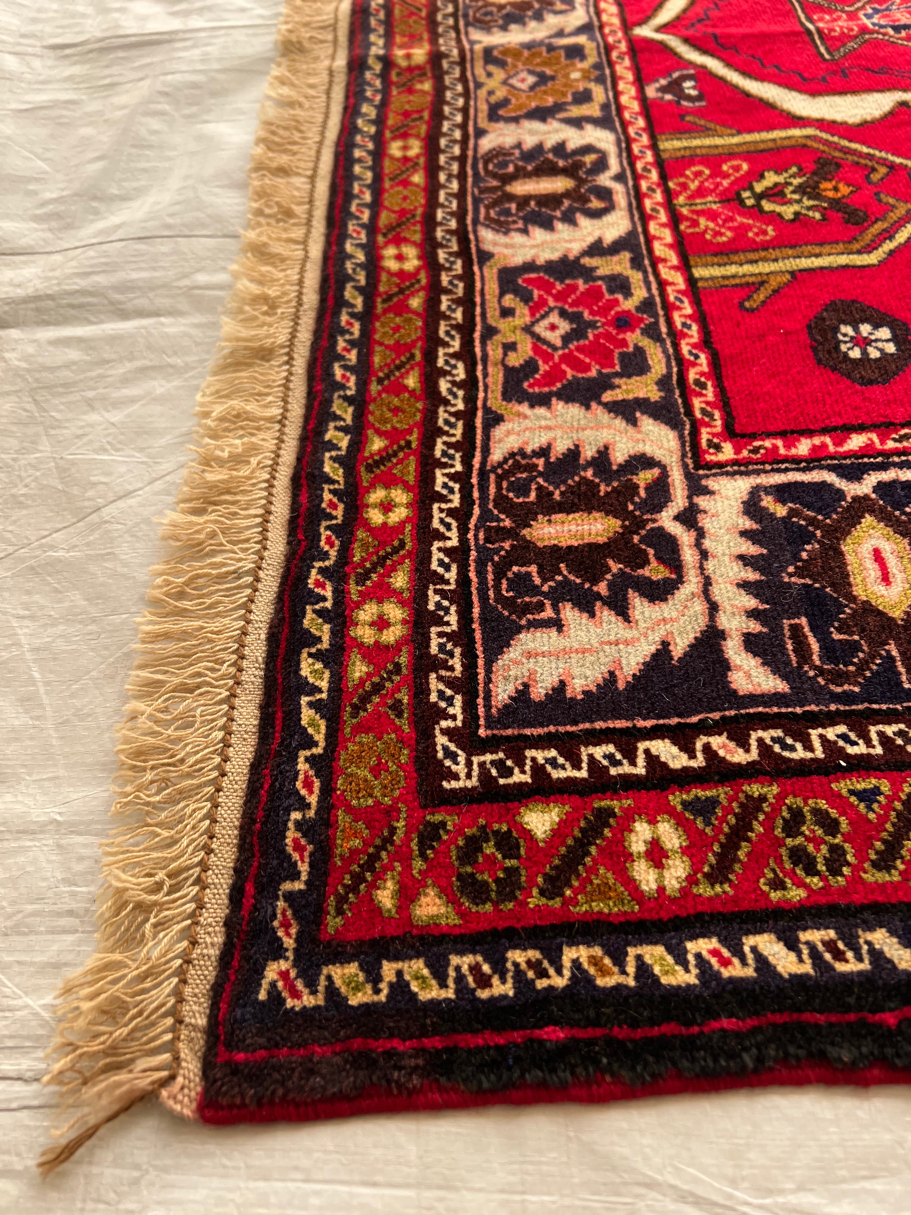 Oriental Rug 4x6 | Red, Navy & Ivory | Hand-Knotted Wool