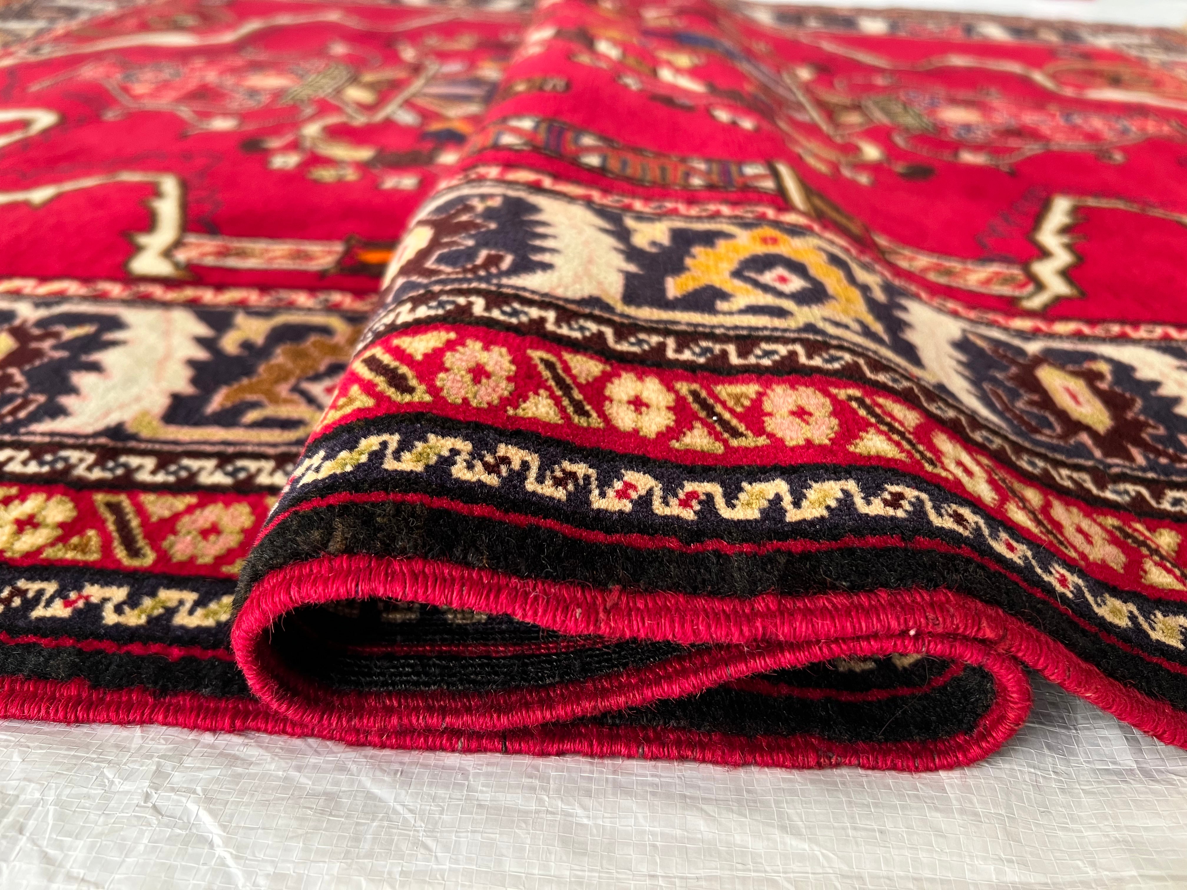 Oriental Rug 4x6 | Red, Navy & Ivory | Hand-Knotted Wool