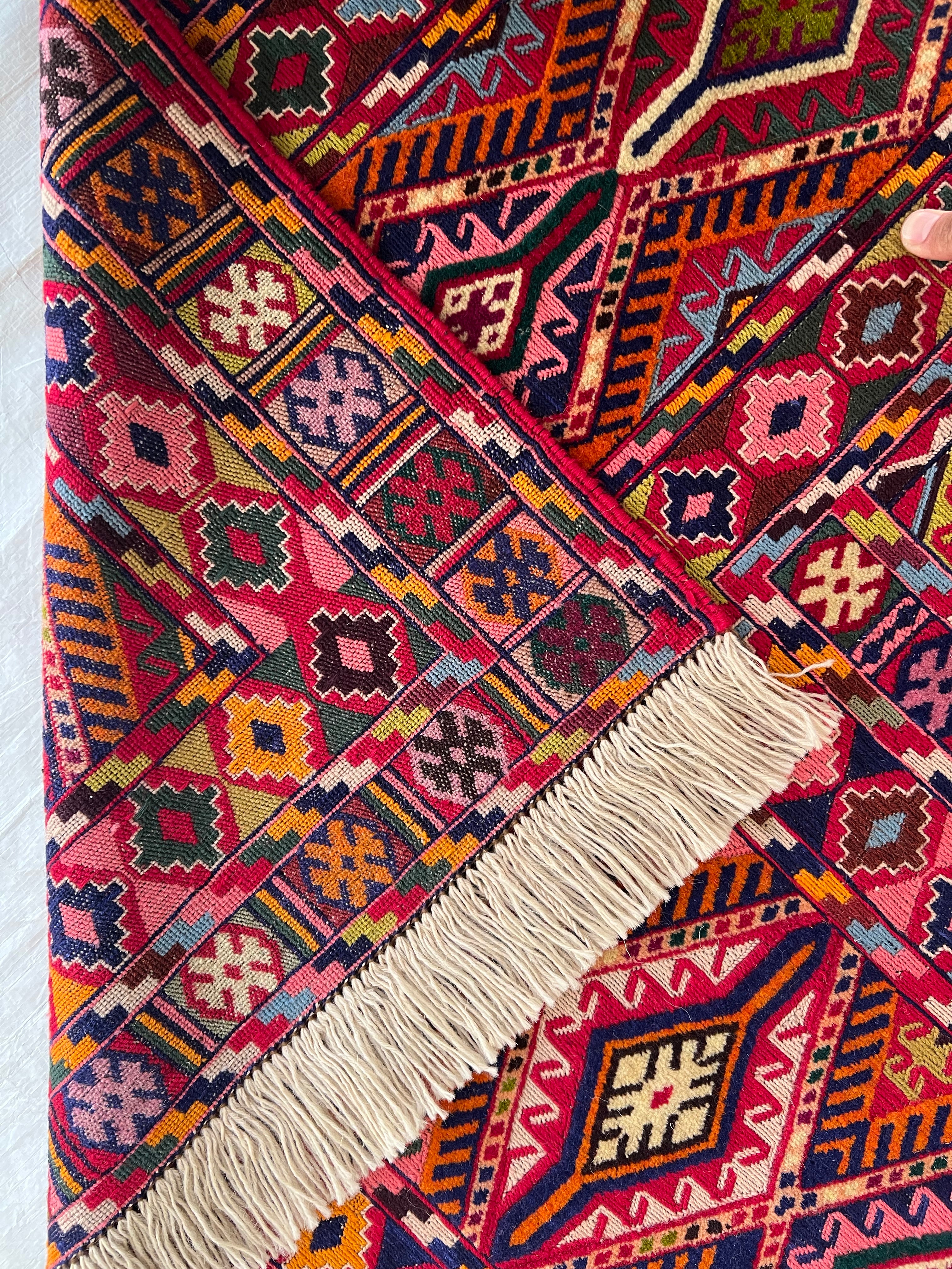 Kilim Rug 5x6 | Red, Burgundy & Pink | Hand-Woven Wool Flatweave