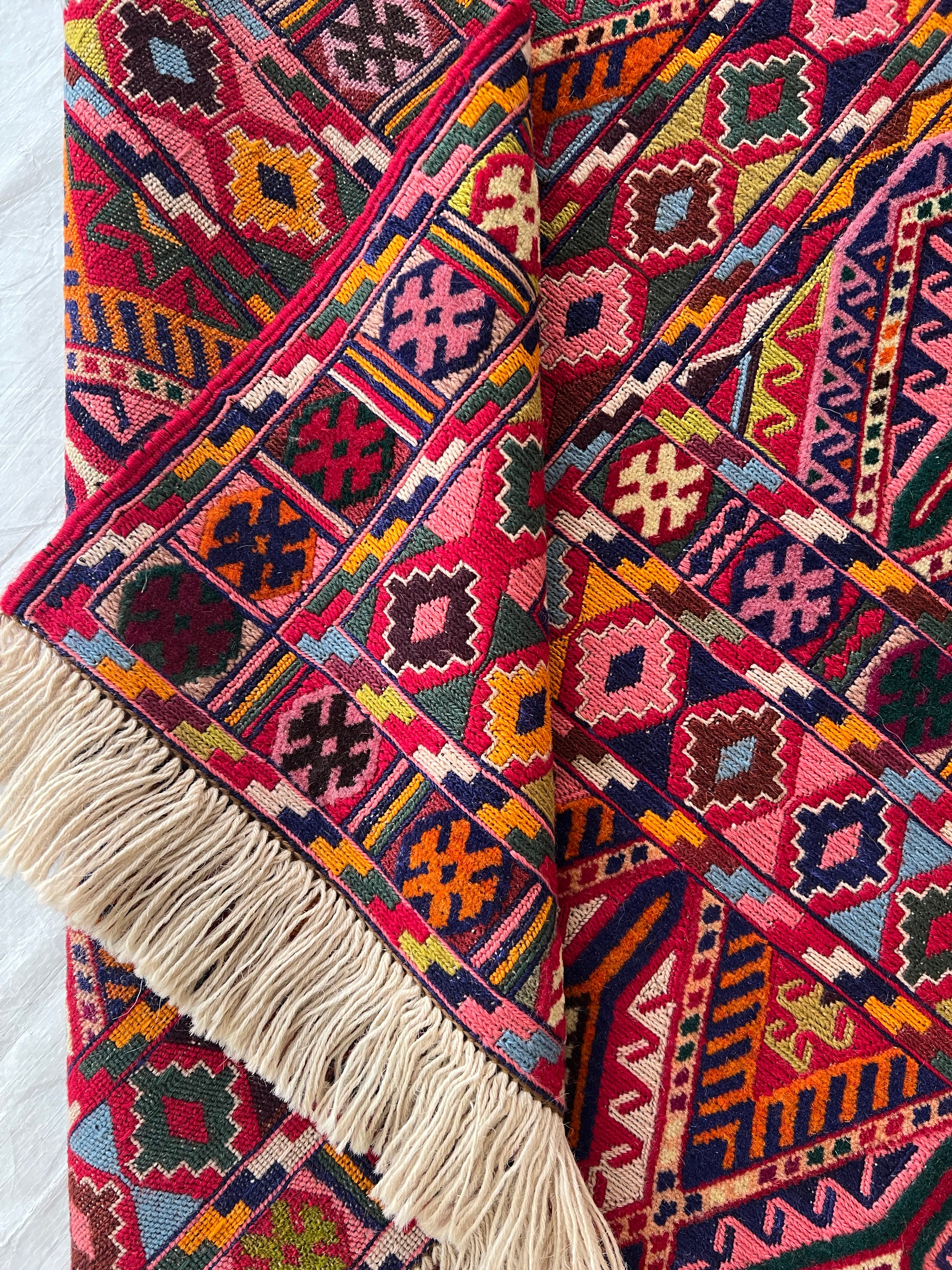 Kilim Rug 5x6 | Red, Burgundy & Pink | Hand-Woven Wool Flatweave