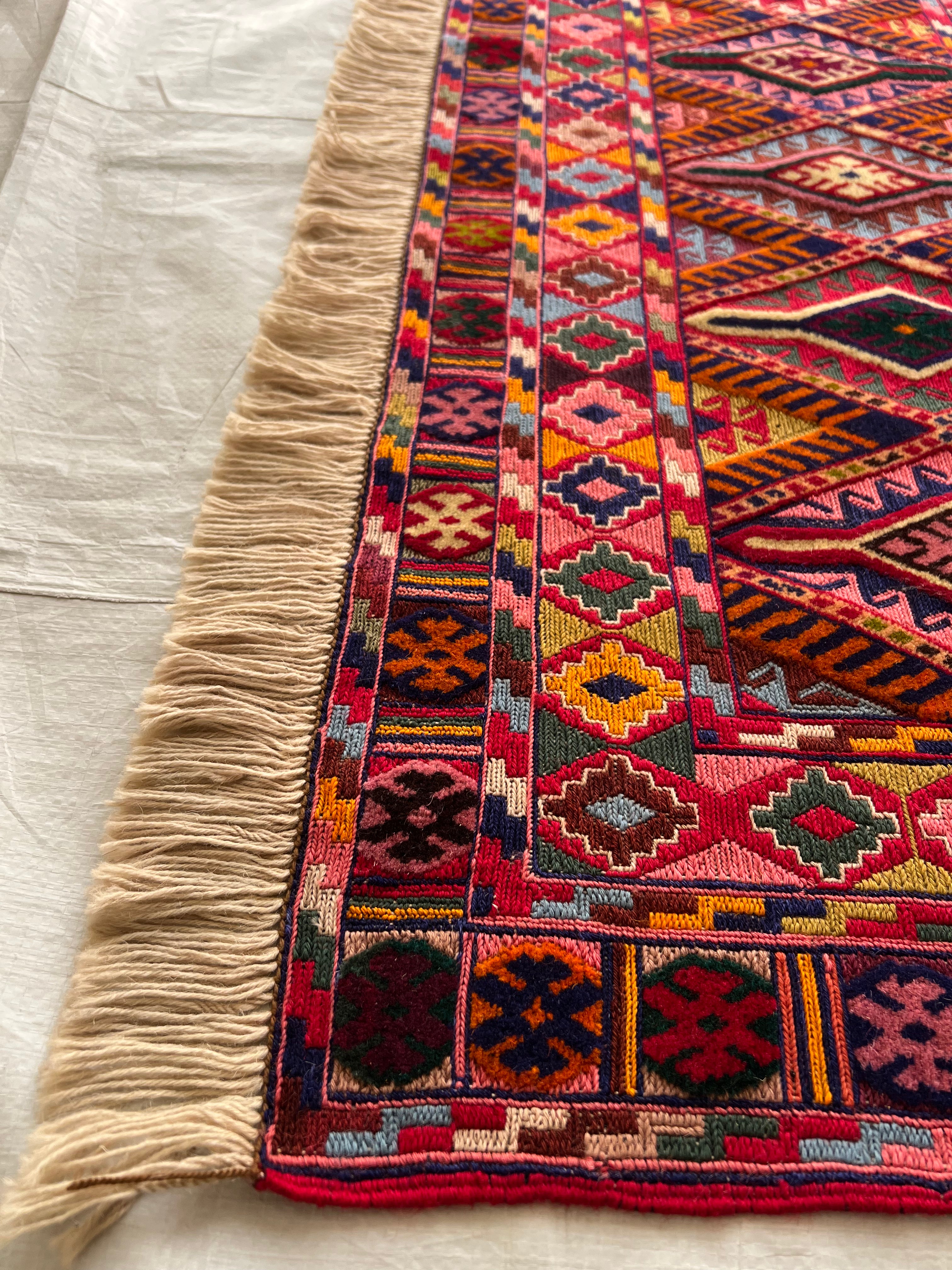 Kilim Rug 5x6 | Red, Burgundy & Pink | Hand-Woven Wool Flatweave