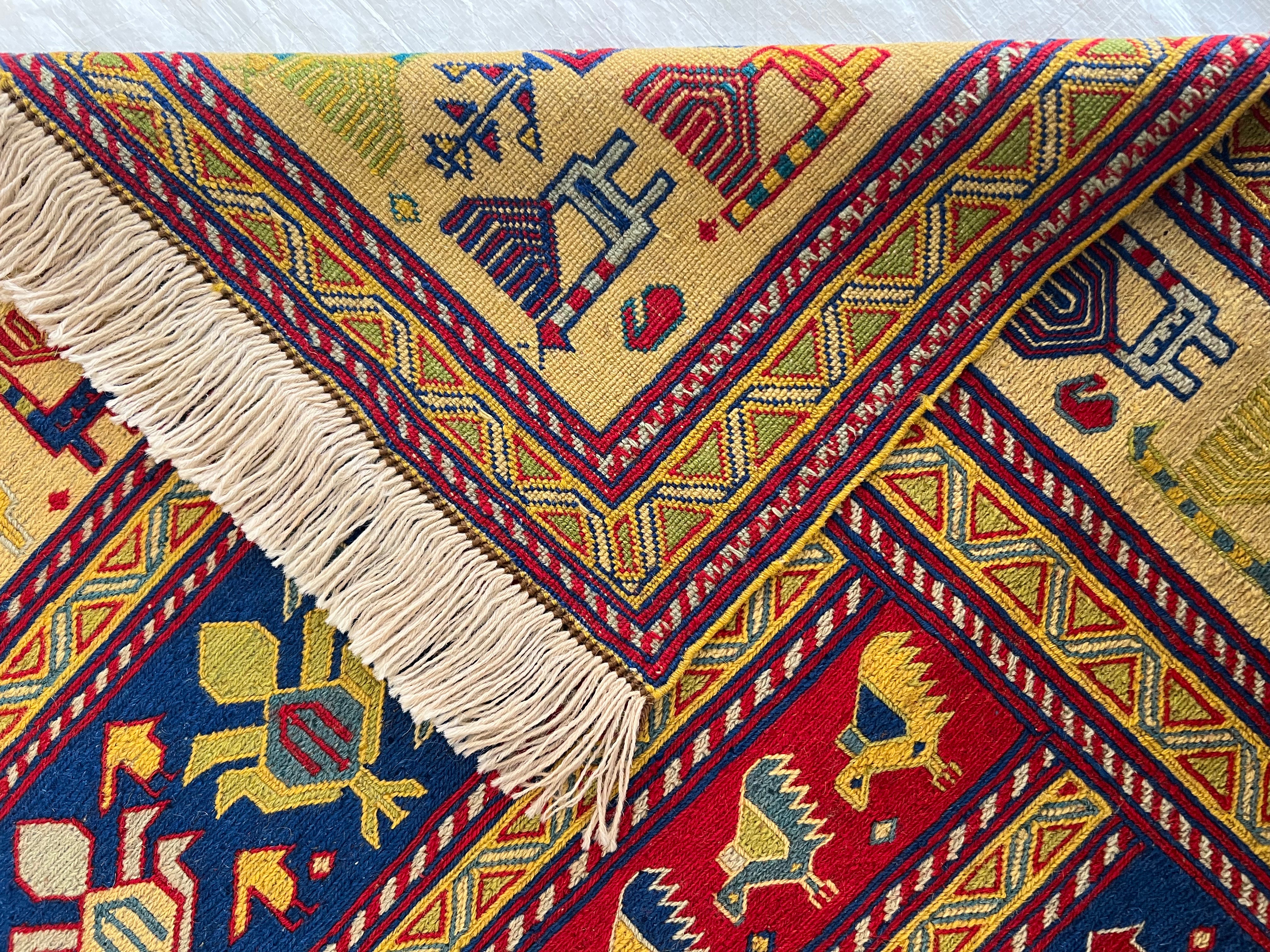 Oriental Rug 5x6 | Navy, Red & Gold | Flatweave Wool