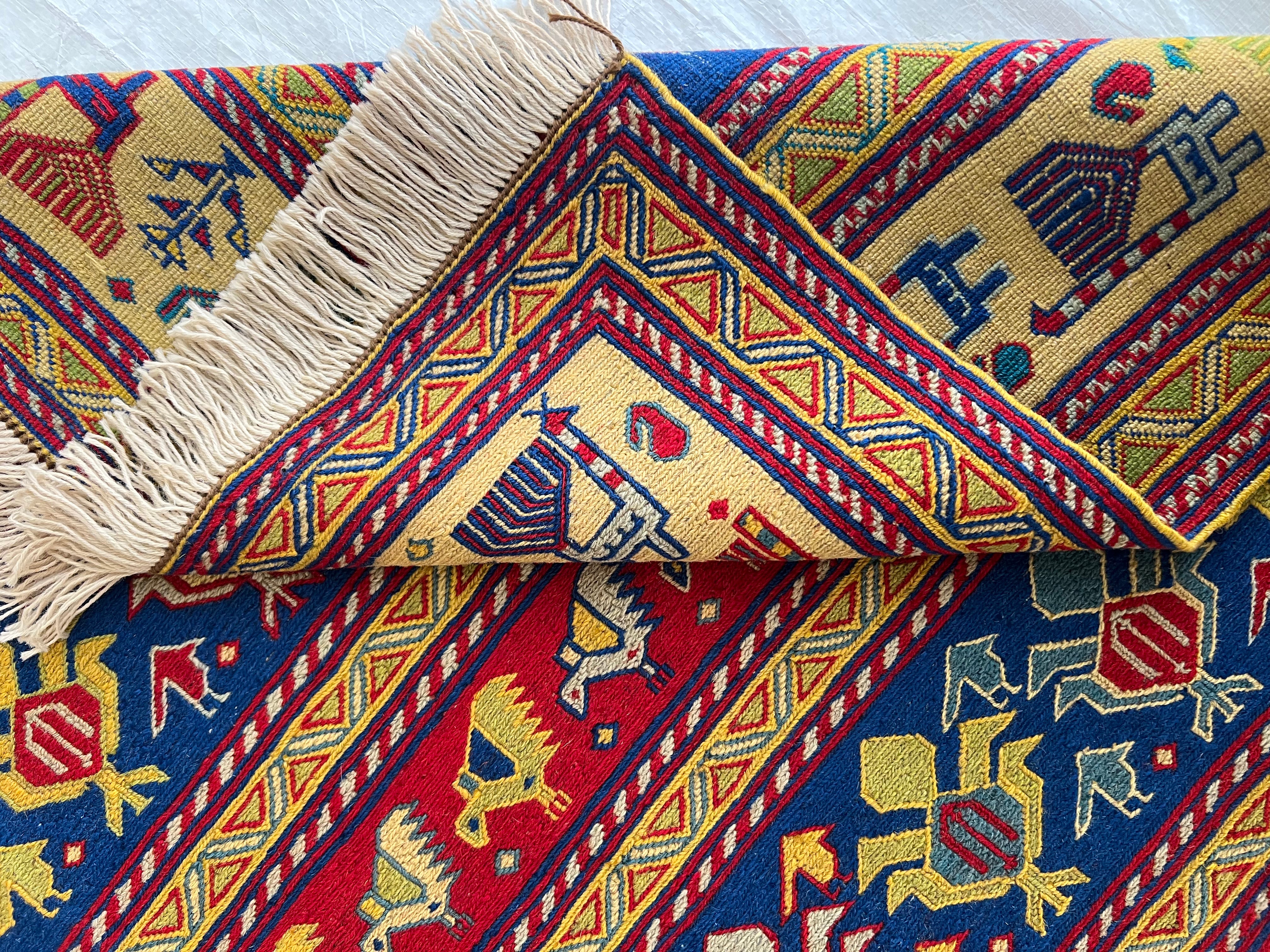 Oriental Rug 5x6 | Navy, Red & Gold | Flatweave Wool