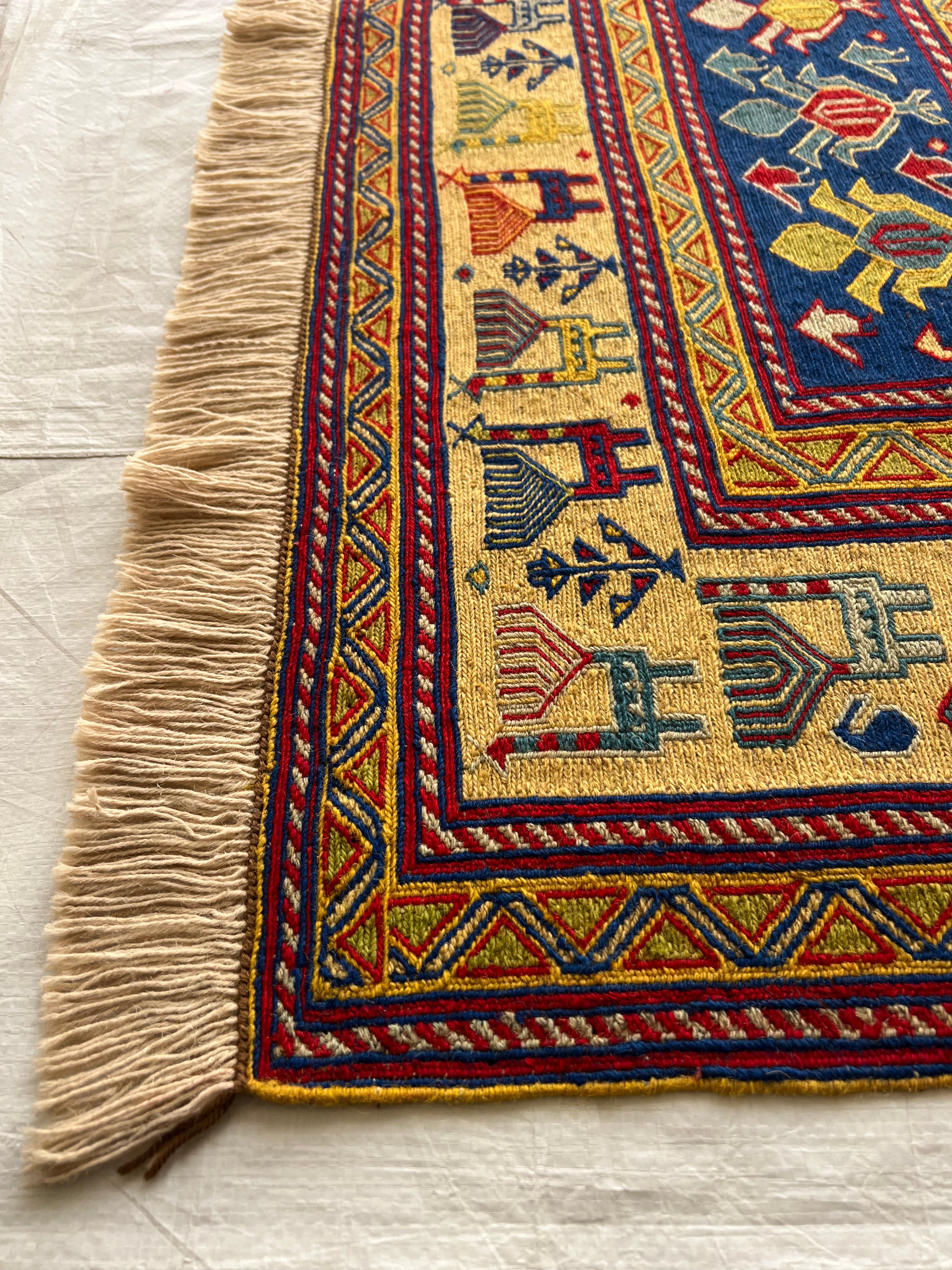 Oriental Rug 5x6 | Navy, Red & Gold | Flatweave Wool