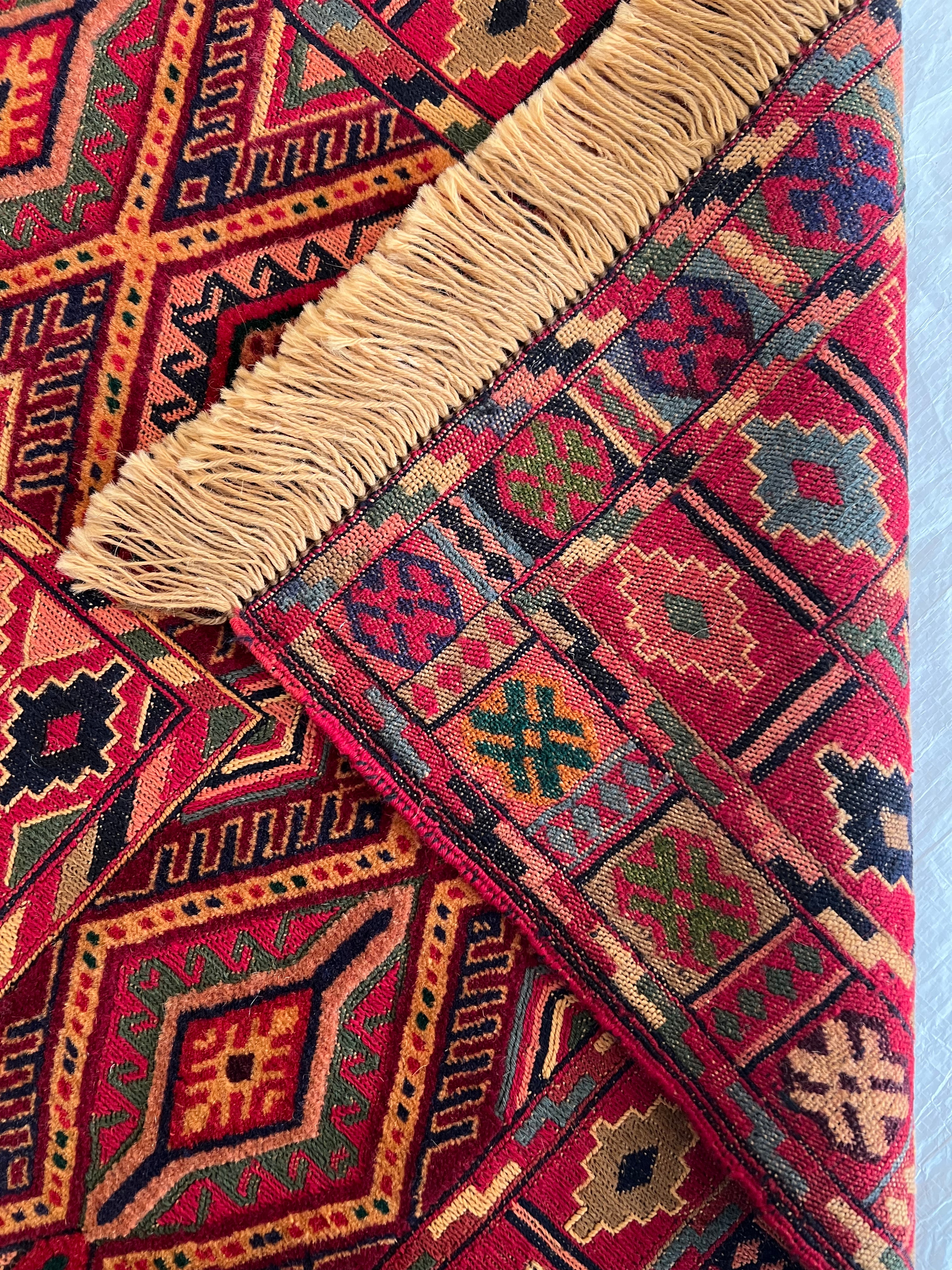 Kilim Rug 5x6 | Red, Burgundy & Orange | Hand-Woven Wool Flatweave