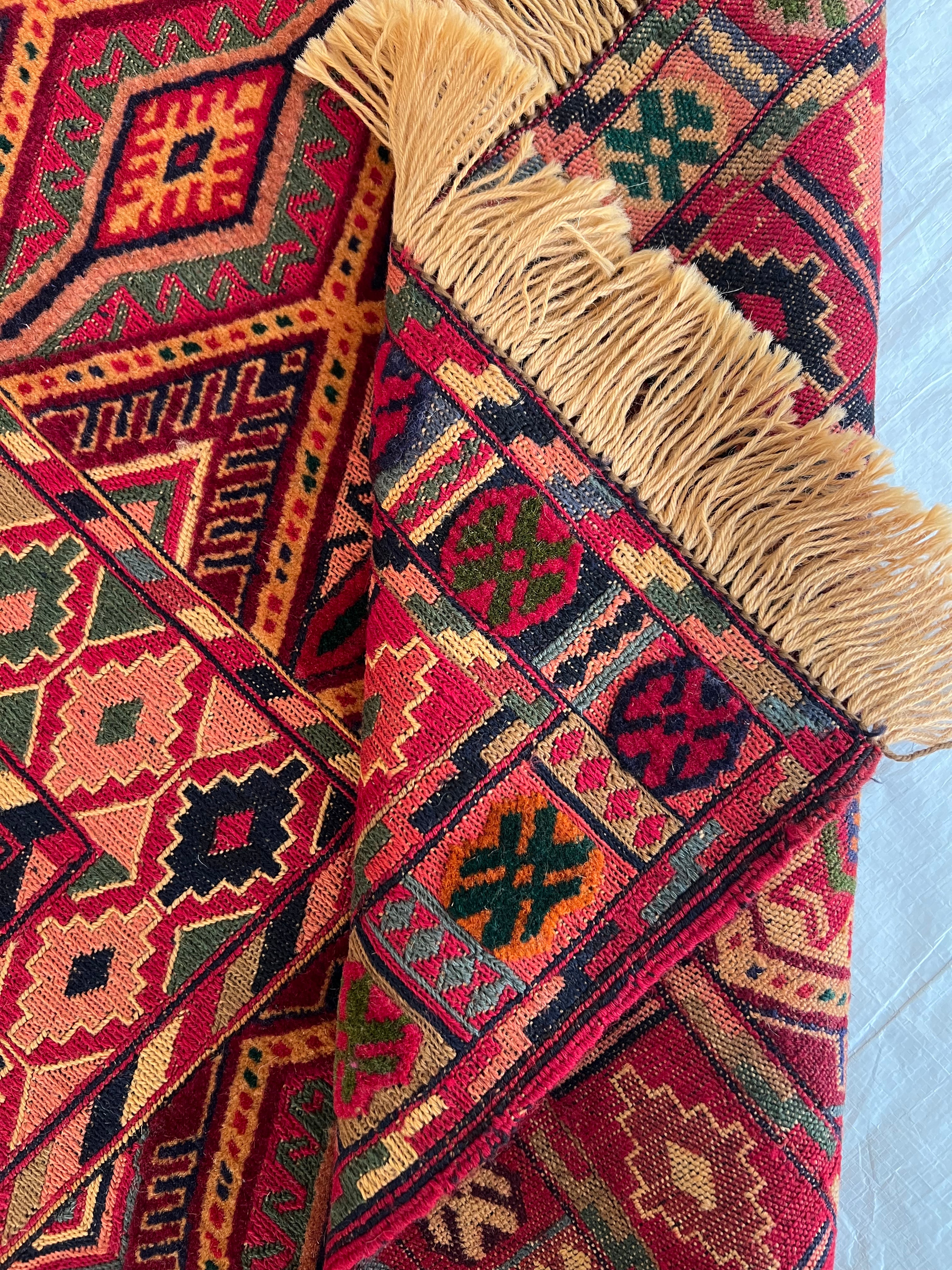 Kilim Rug 5x6 | Red, Burgundy & Orange | Hand-Woven Wool Flatweave