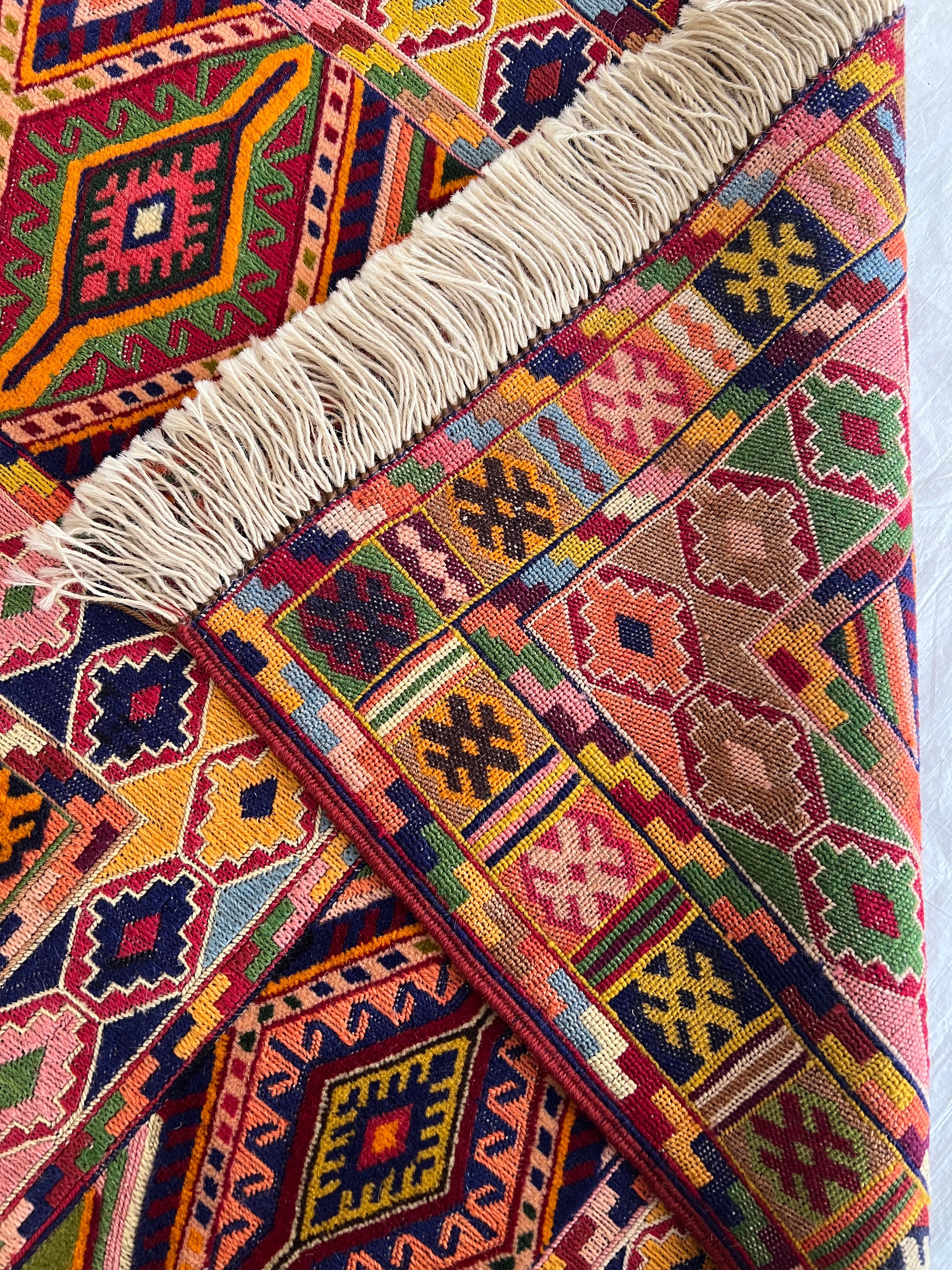Kilim Rug 5x6 | Burgundy, Gold & Pink | Hand-Woven Wool Flatweave