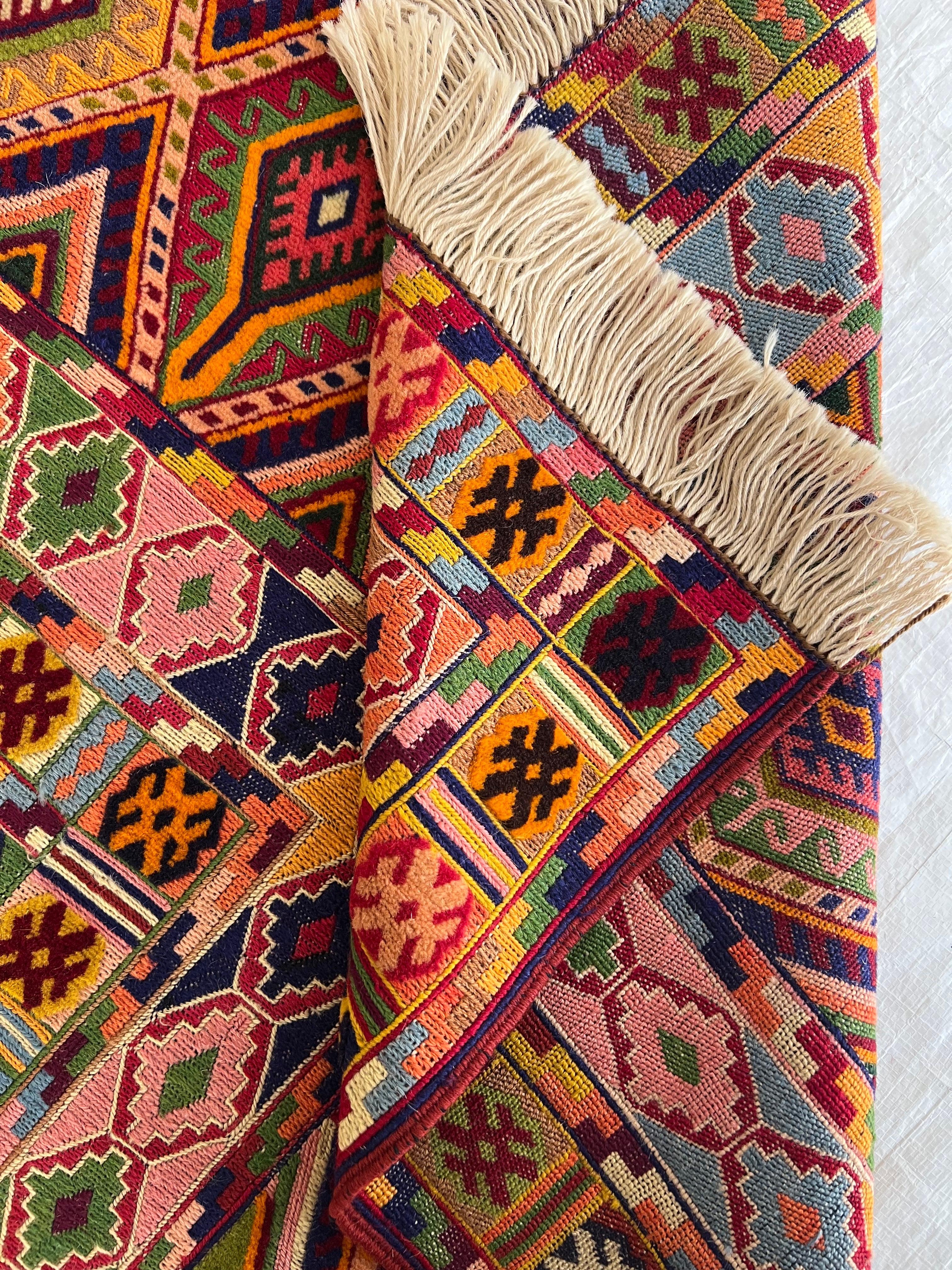 Kilim Rug 5x6 | Burgundy, Gold & Pink | Hand-Woven Wool Flatweave