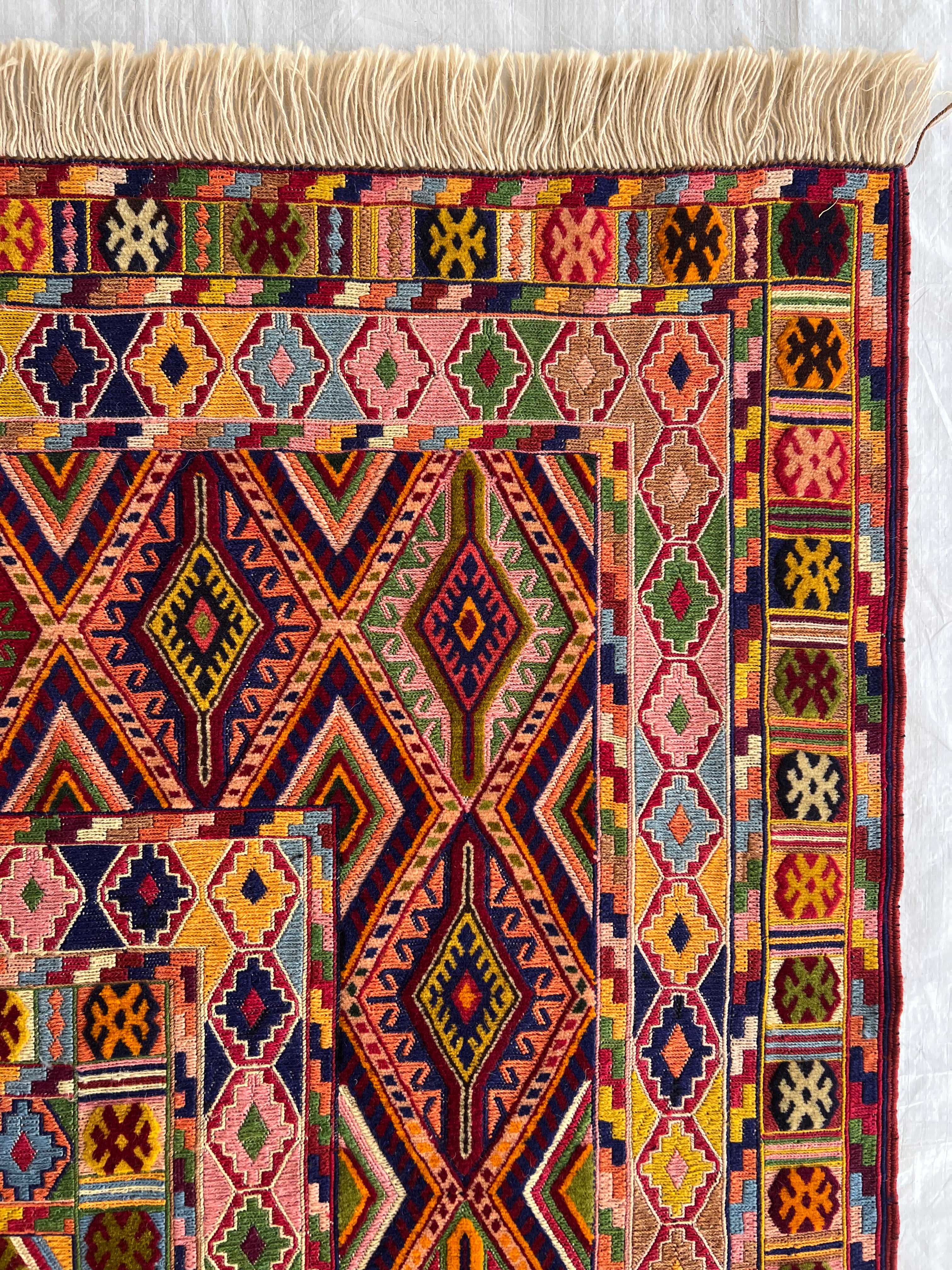 Kilim Rug 5x6 | Burgundy, Gold & Pink | Hand-Woven Wool Flatweave