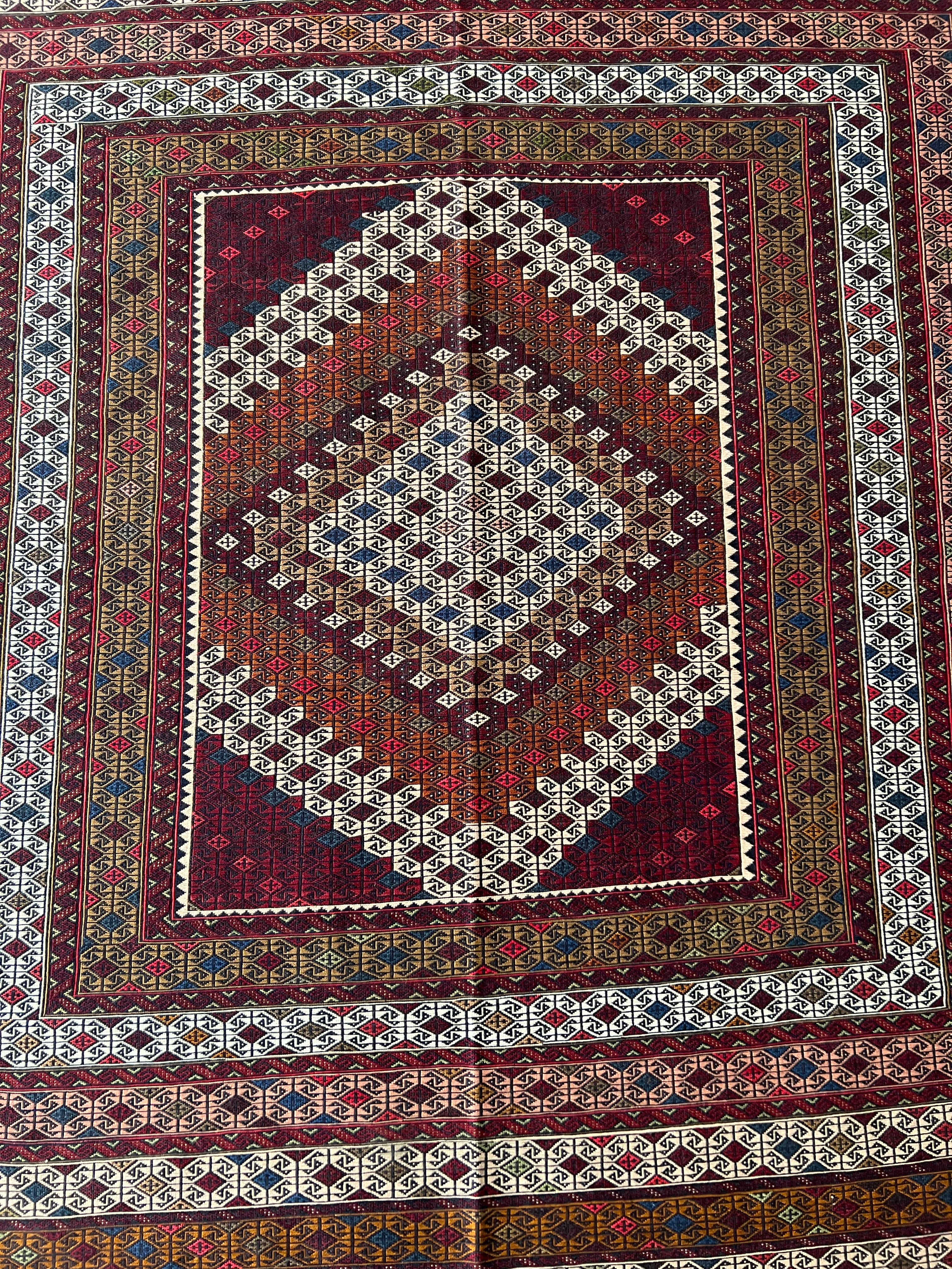 Kilim Rug 4x6 | Burgundy, Ivory & Rust | Hand-Woven Wool Flatweave