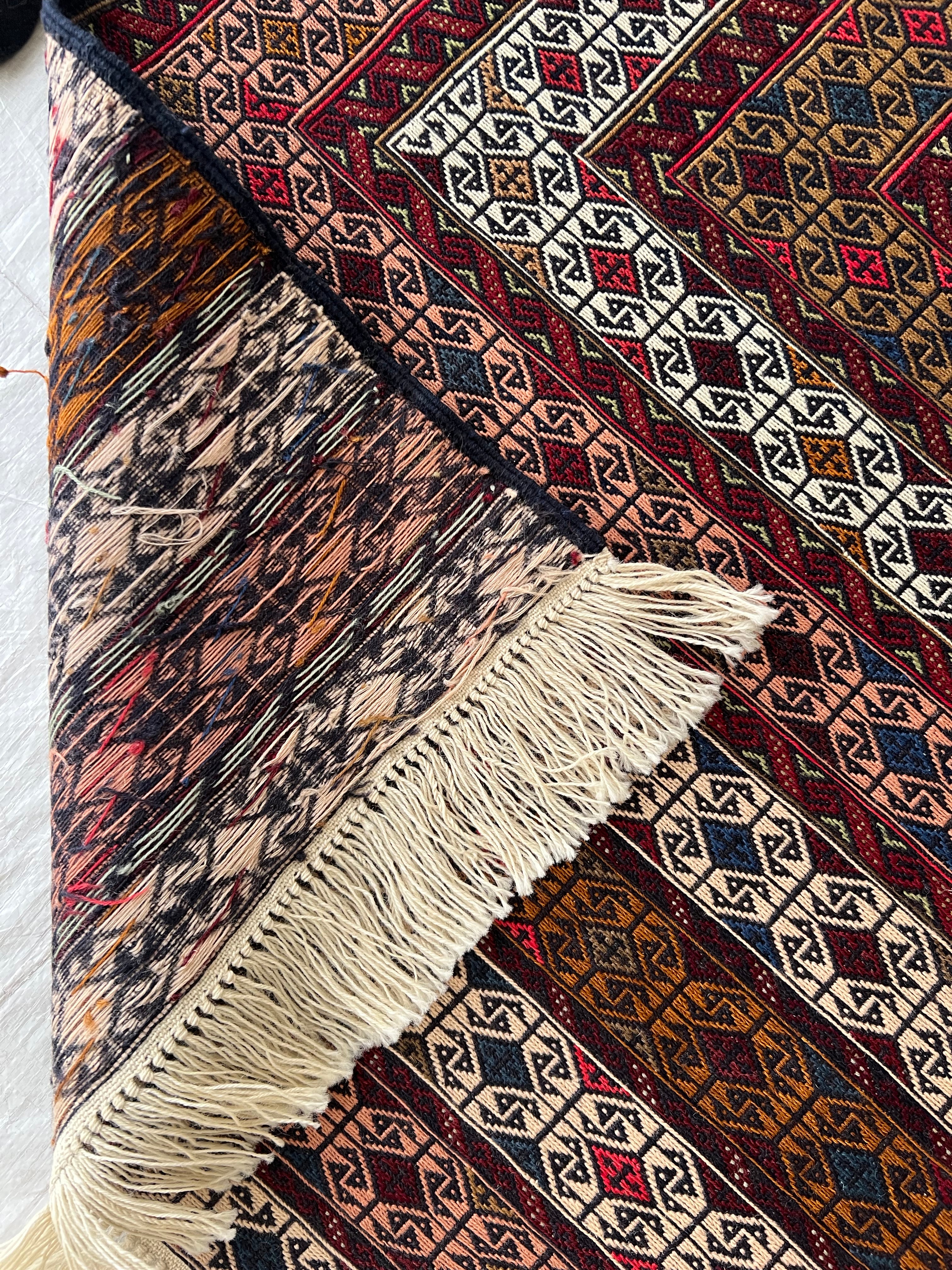 Kilim Rug 4x6 | Burgundy, Ivory & Rust | Hand-Woven Wool Flatweave