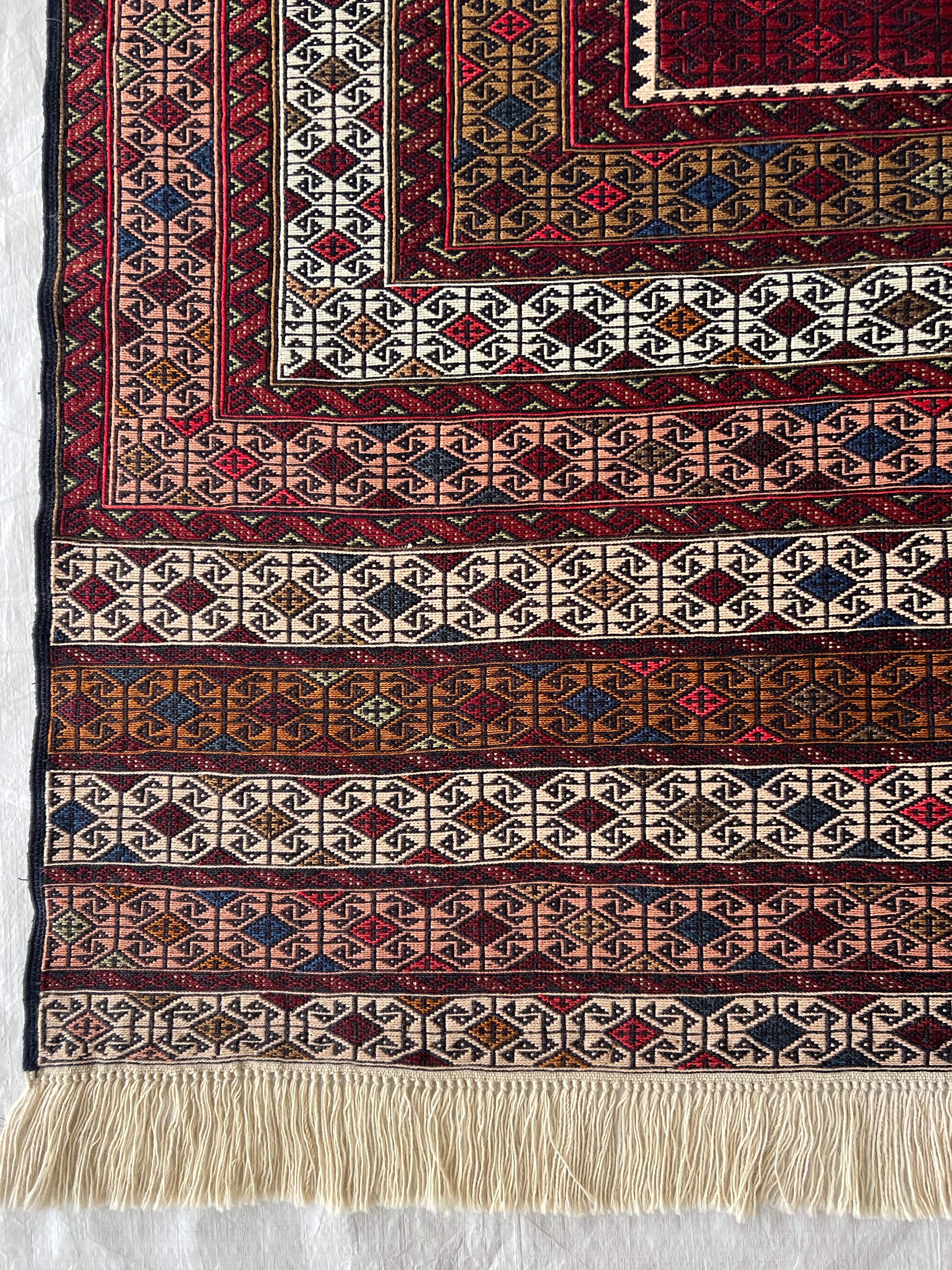 Kilim Rug 4x6 | Burgundy, Ivory & Rust | Hand-Woven Wool Flatweave