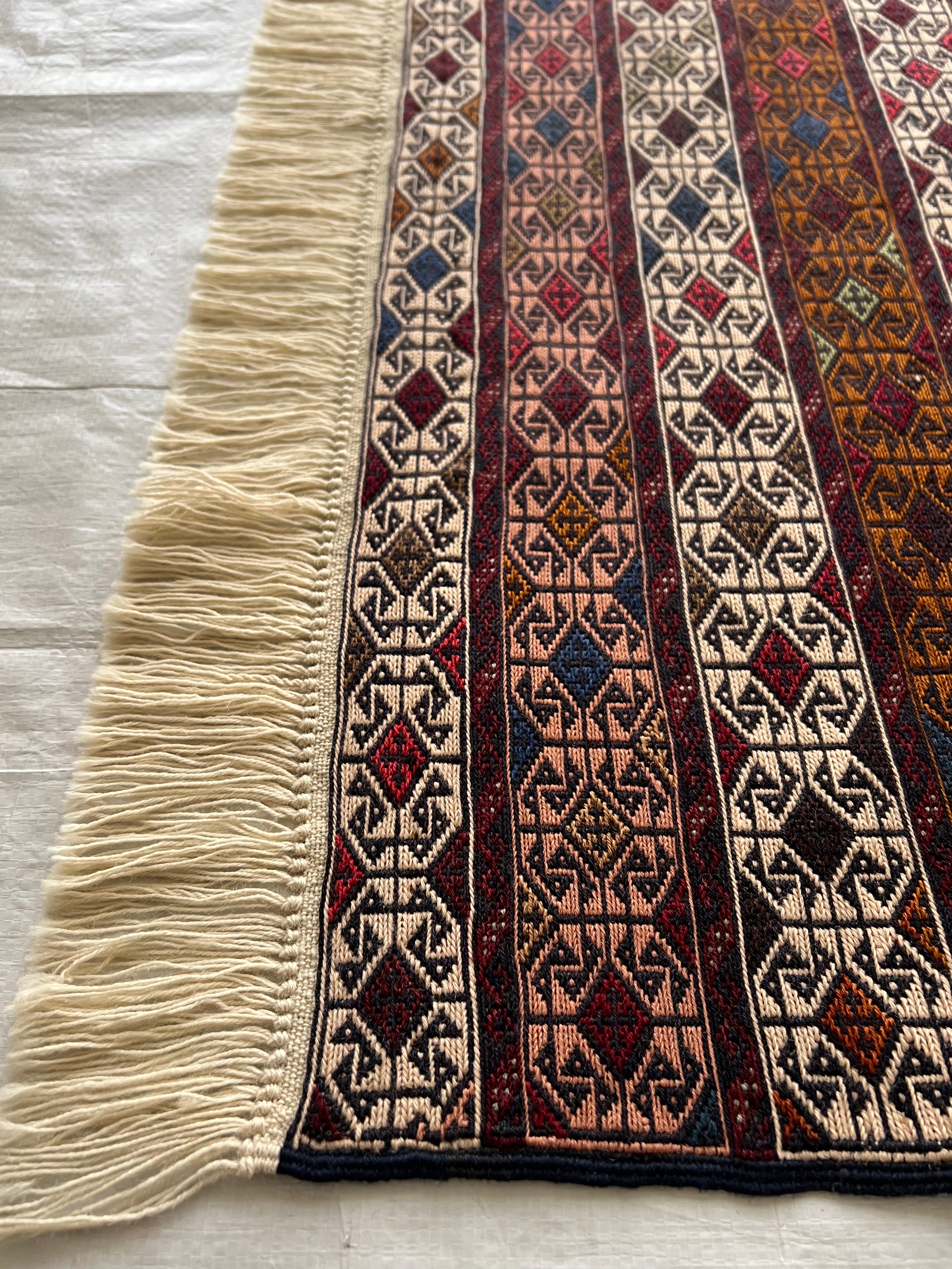 Kilim Rug 4x6 | Burgundy, Ivory & Rust | Hand-Woven Wool Flatweave