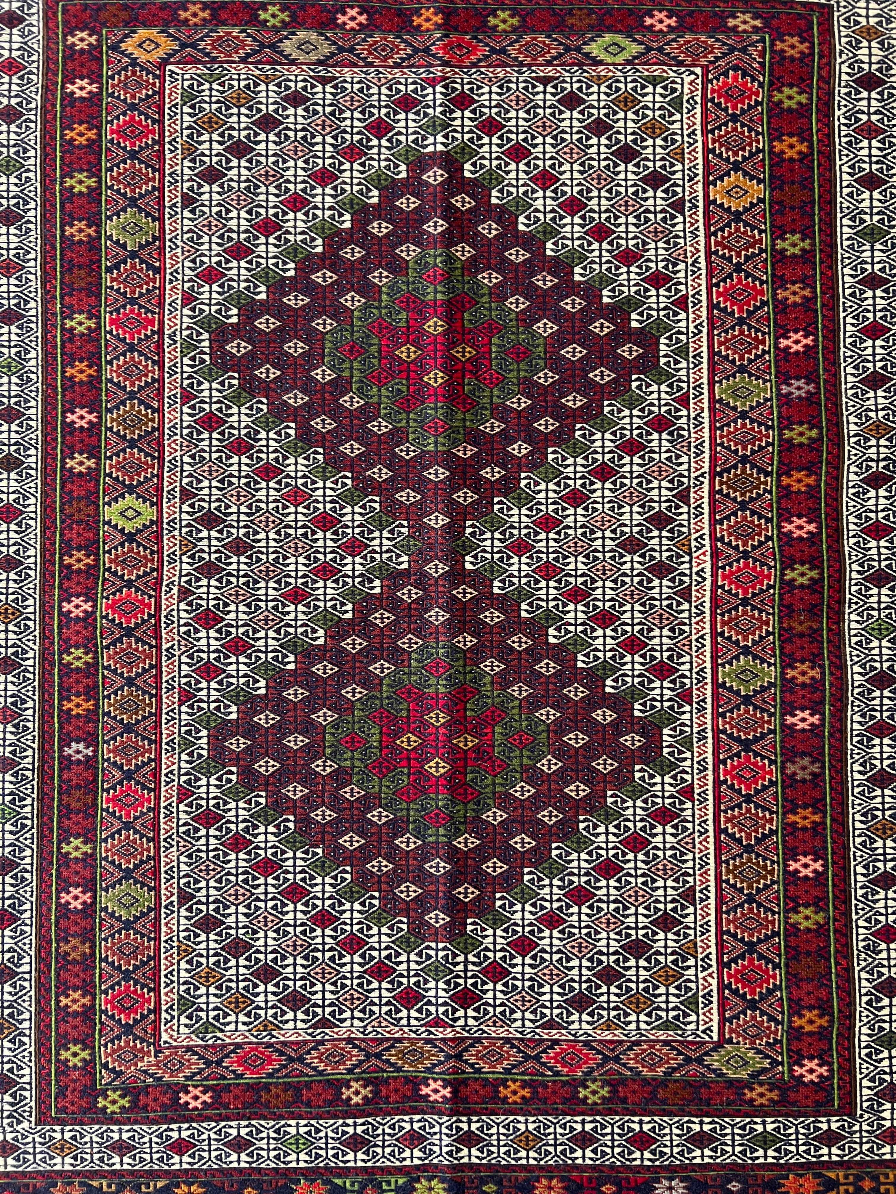 Kilim Rug 4x7 | Burgundy, Ivory & Red | Hand-Woven Wool Flatweave