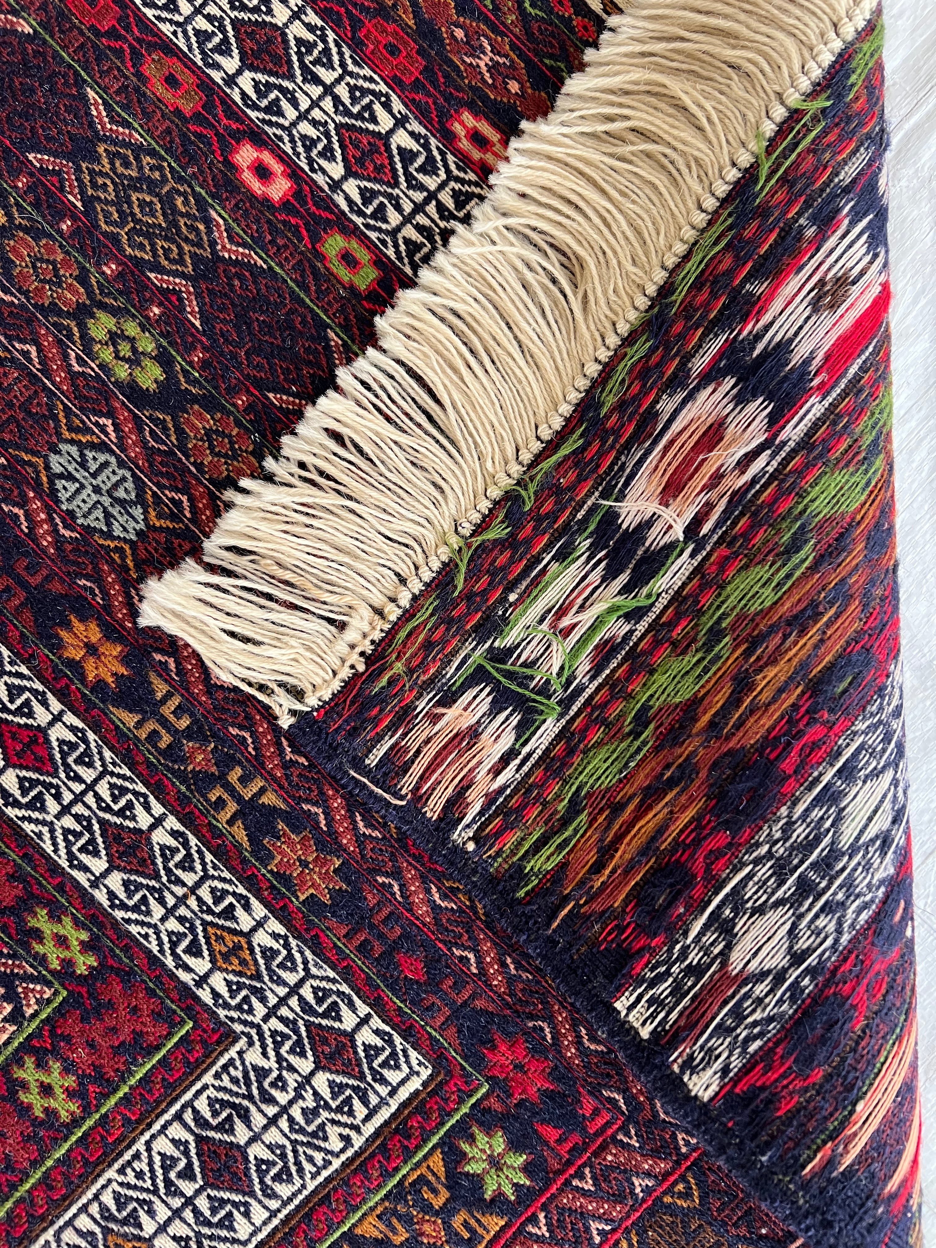 Kilim Rug 4x7 | Burgundy, Ivory & Red | Hand-Woven Wool Flatweave