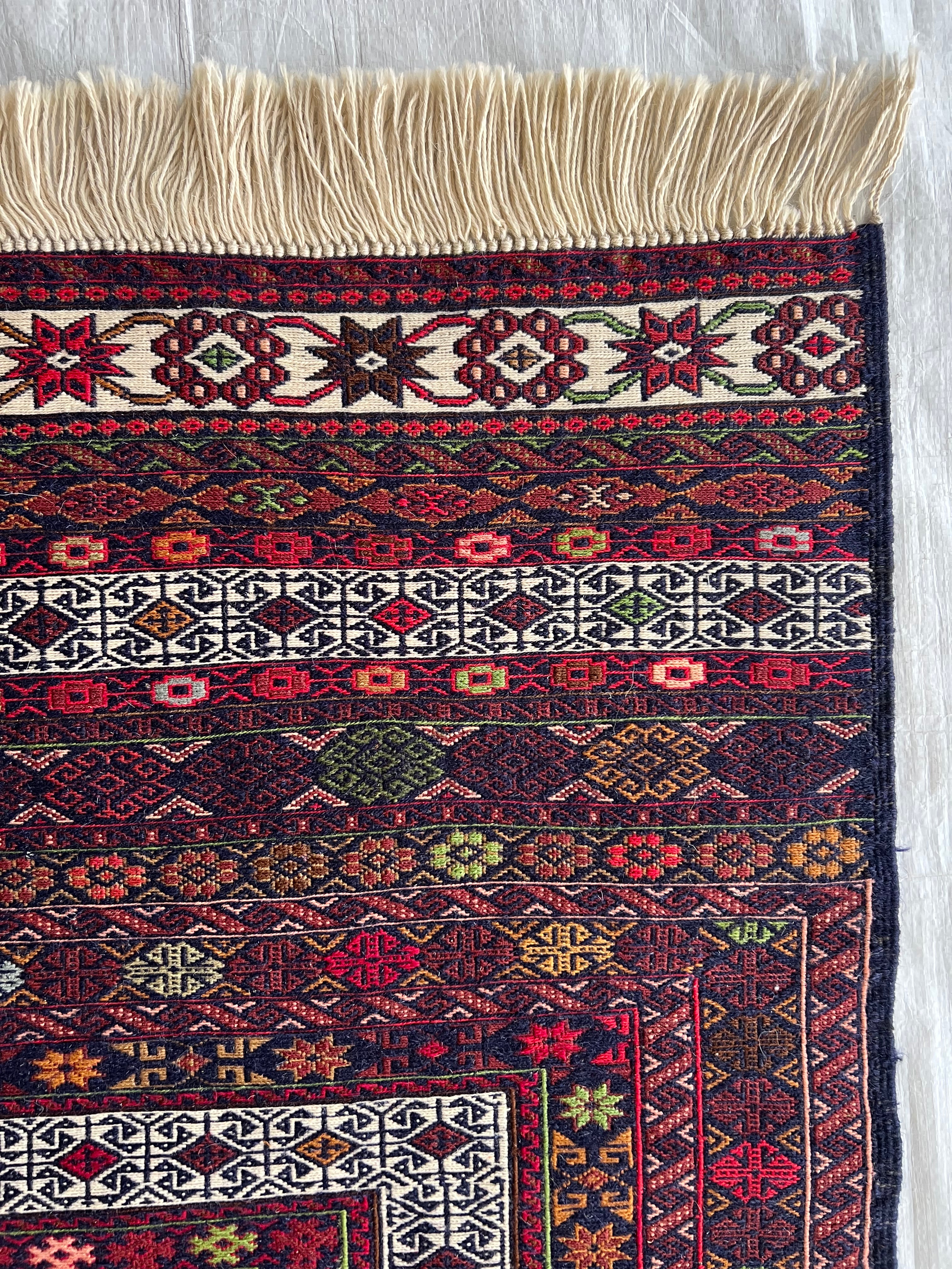 Kilim Rug 4x7 | Burgundy, Ivory & Red | Hand-Woven Wool Flatweave