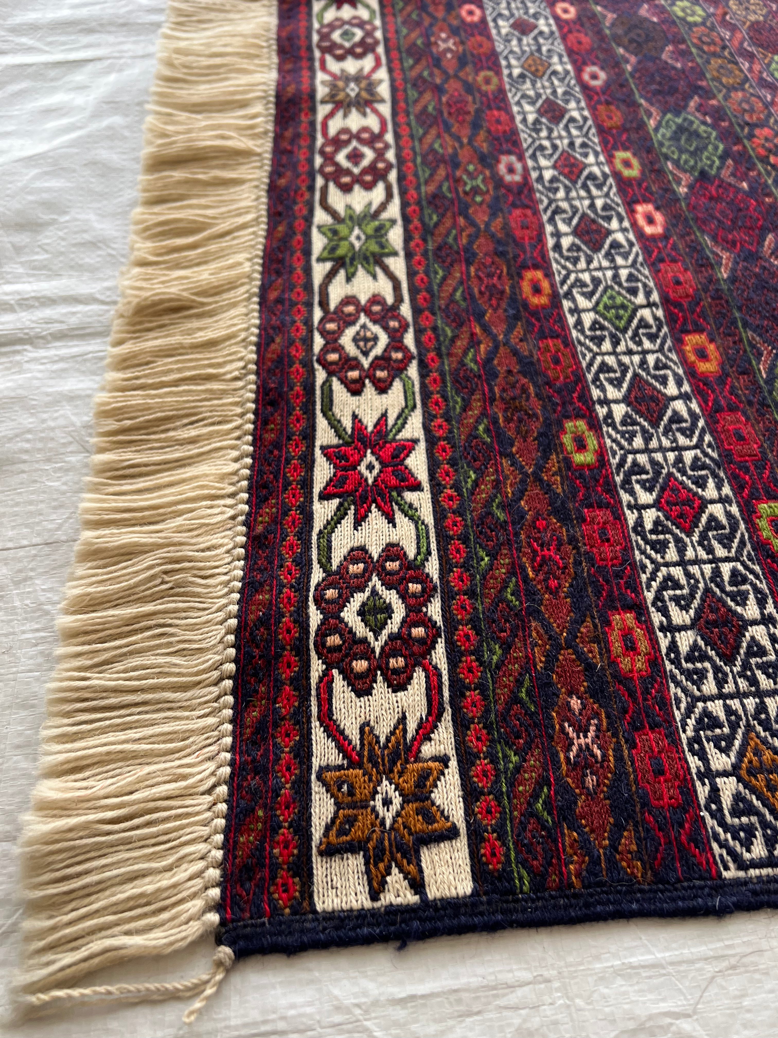 Kilim Rug 4x7 | Burgundy, Ivory & Red | Hand-Woven Wool Flatweave