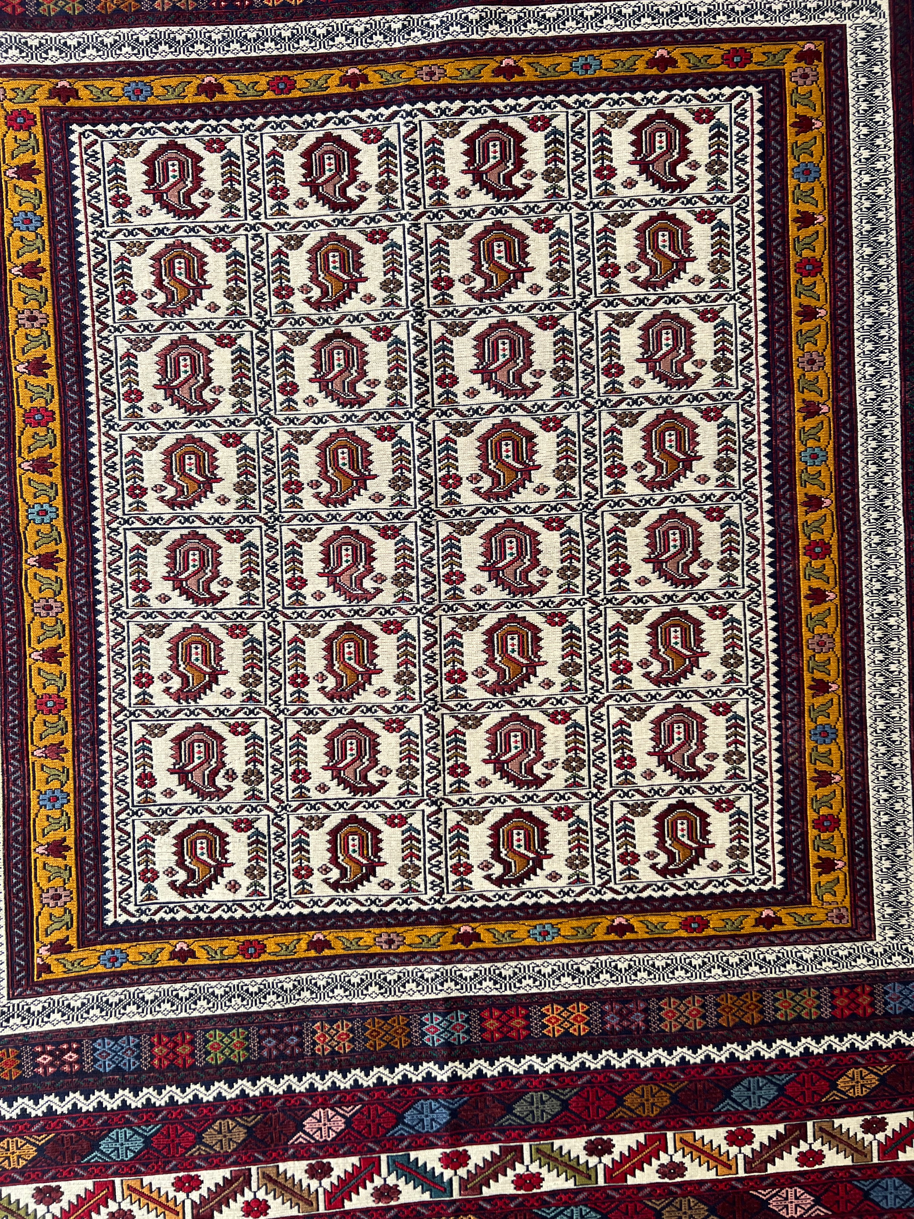 Kilim Rug 4x6 | Burgundy, Ivory & Gold | Hand-Woven Wool Flatweave