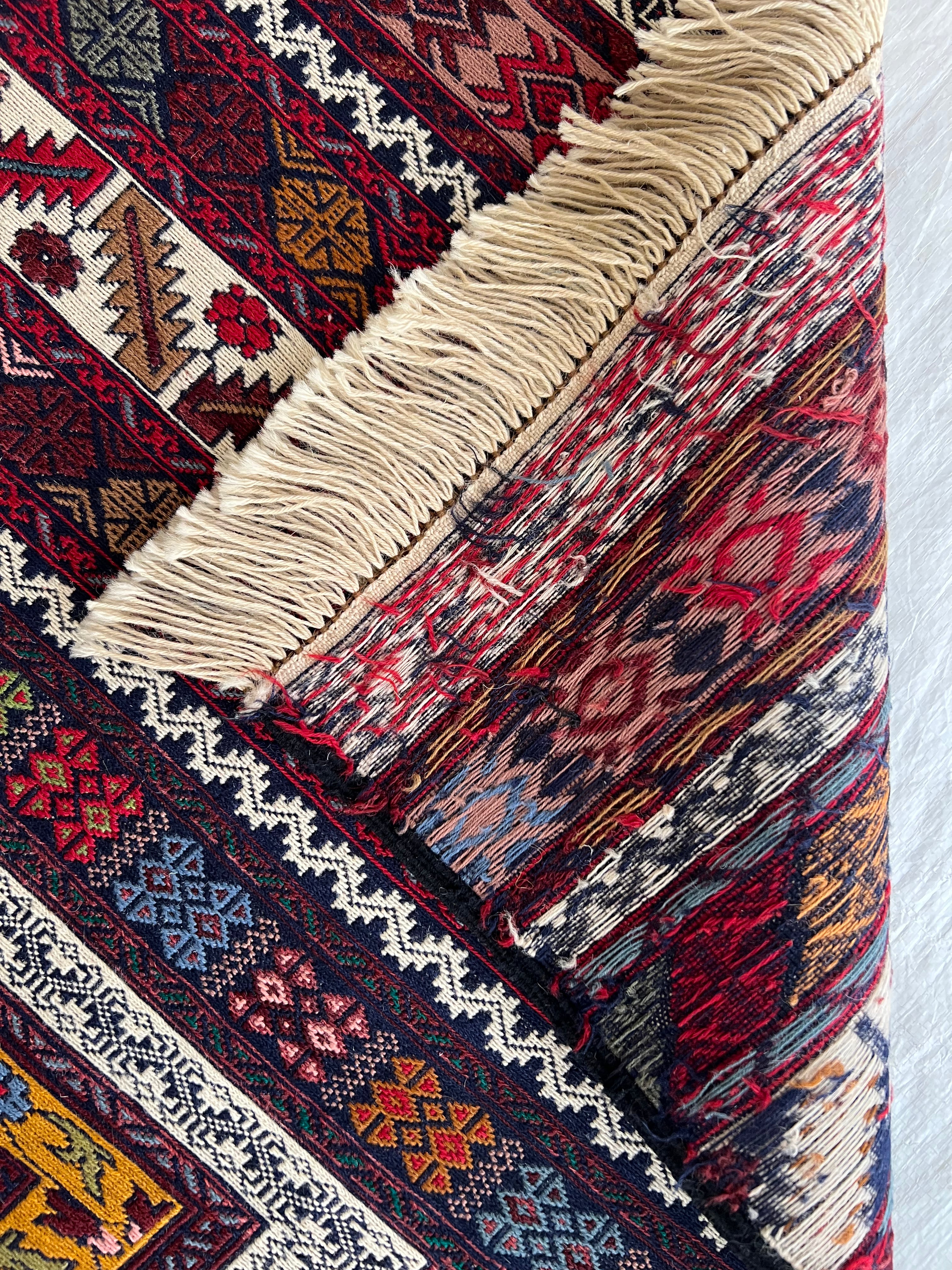 Kilim Rug 4x6 | Burgundy, Ivory & Gold | Hand-Woven Wool Flatweave