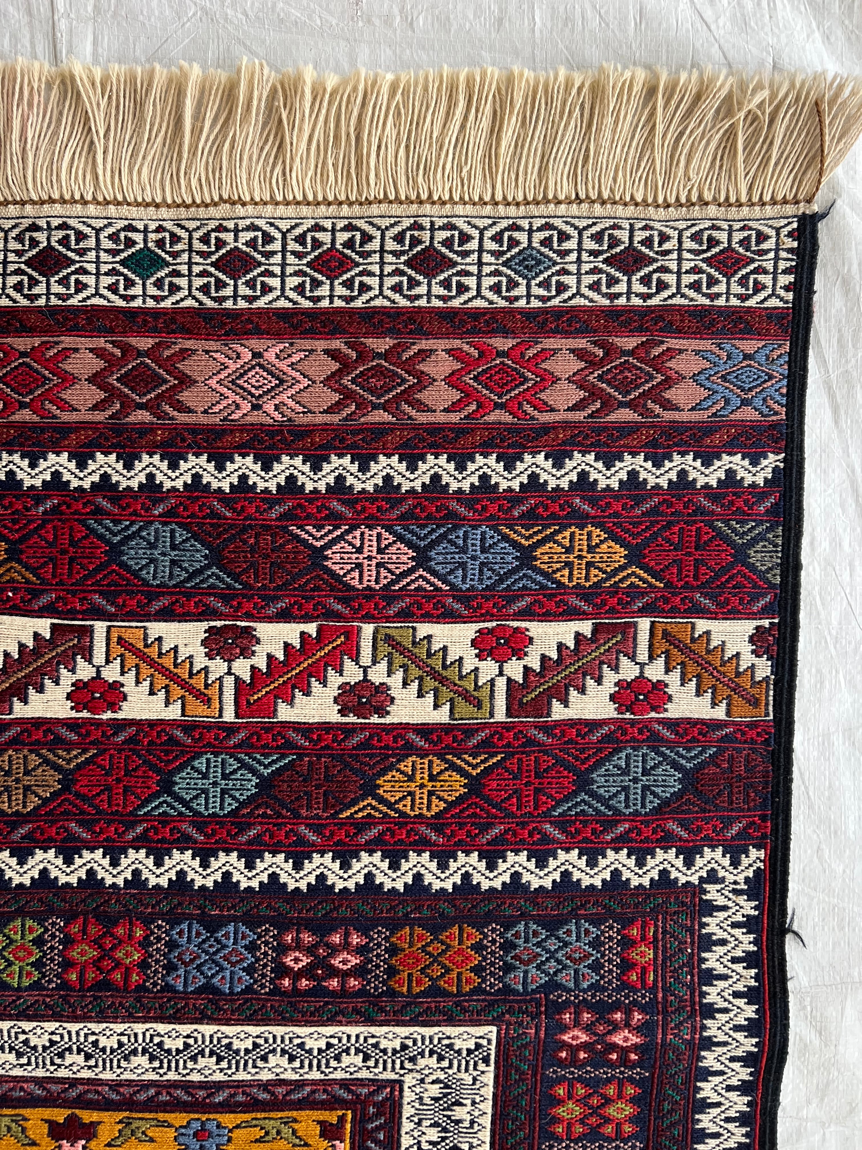 Kilim Rug 4x6 | Burgundy, Ivory & Gold | Hand-Woven Wool Flatweave