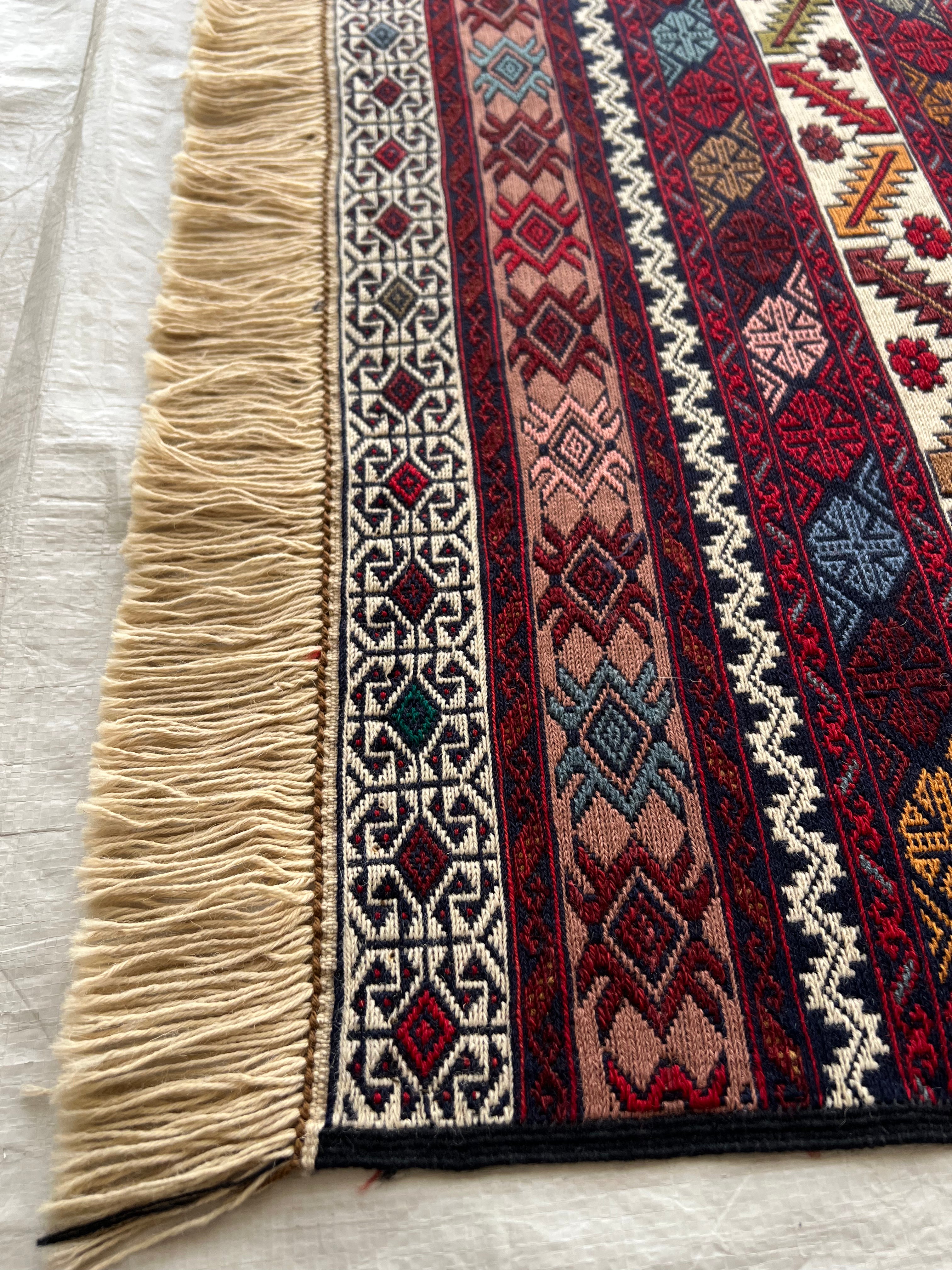 Kilim Rug 4x6 | Burgundy, Ivory & Gold | Hand-Woven Wool Flatweave