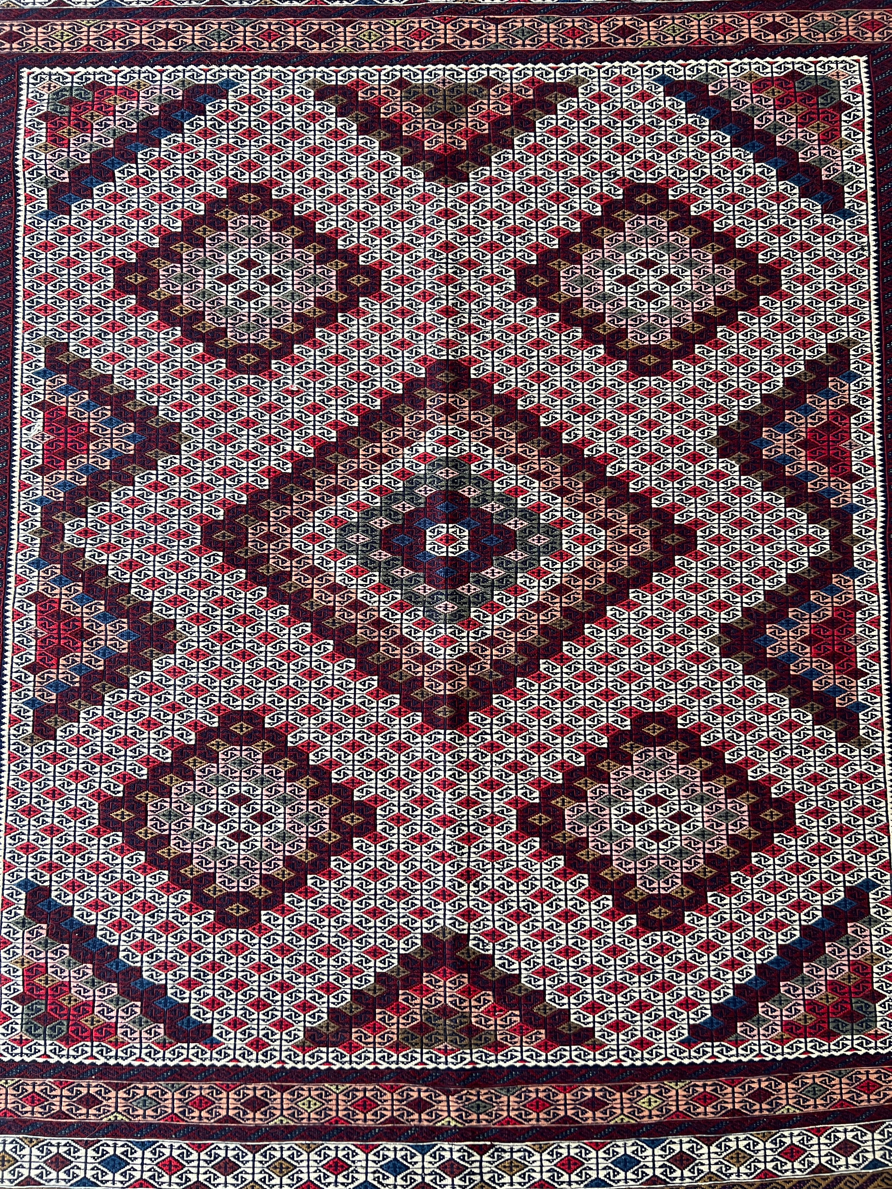 Kilim Rug 4x6 | Ivory, Burgundy & Red | Hand-Woven Wool Flatweave