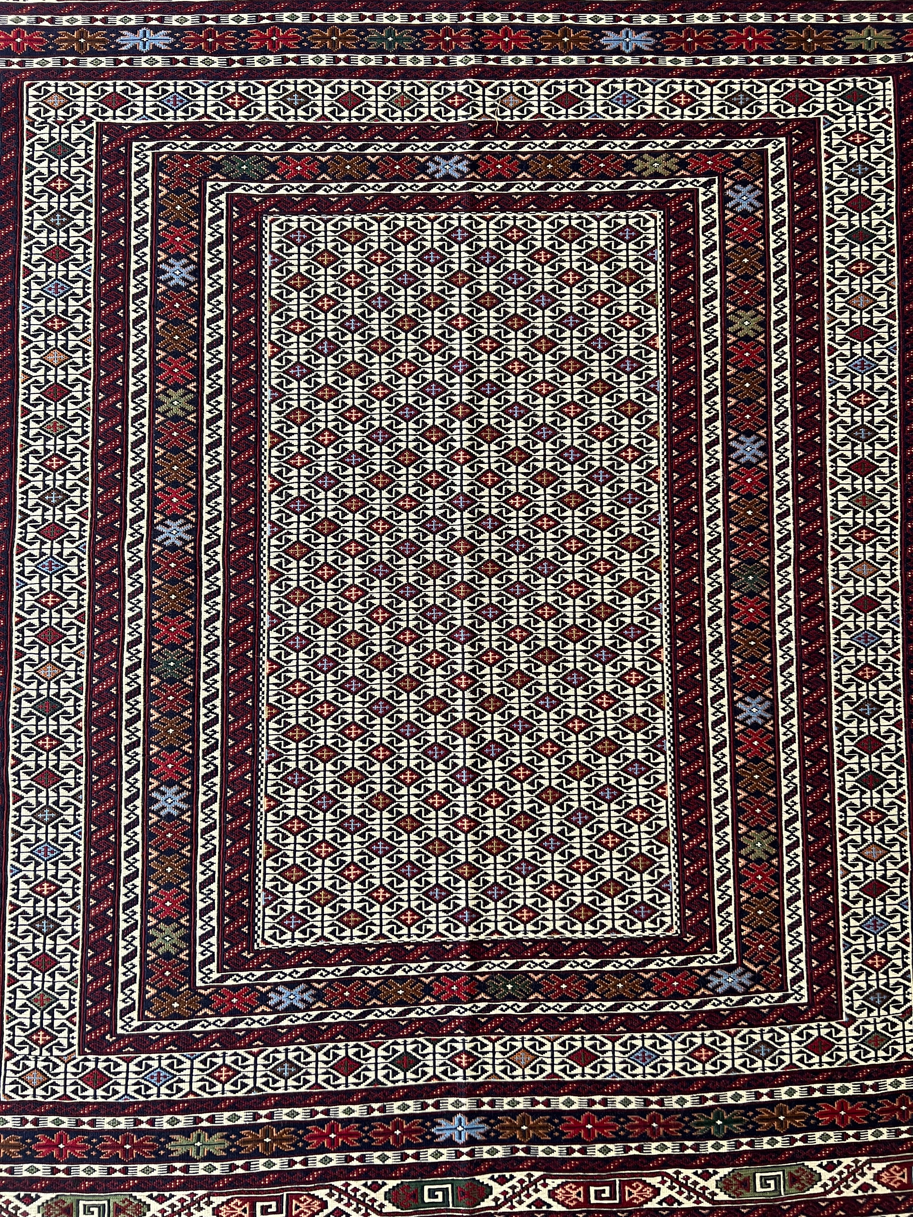 Kilim Rug 4x6 | Burgundy, Ivory & Gray | Hand-Woven Wool Flatweave