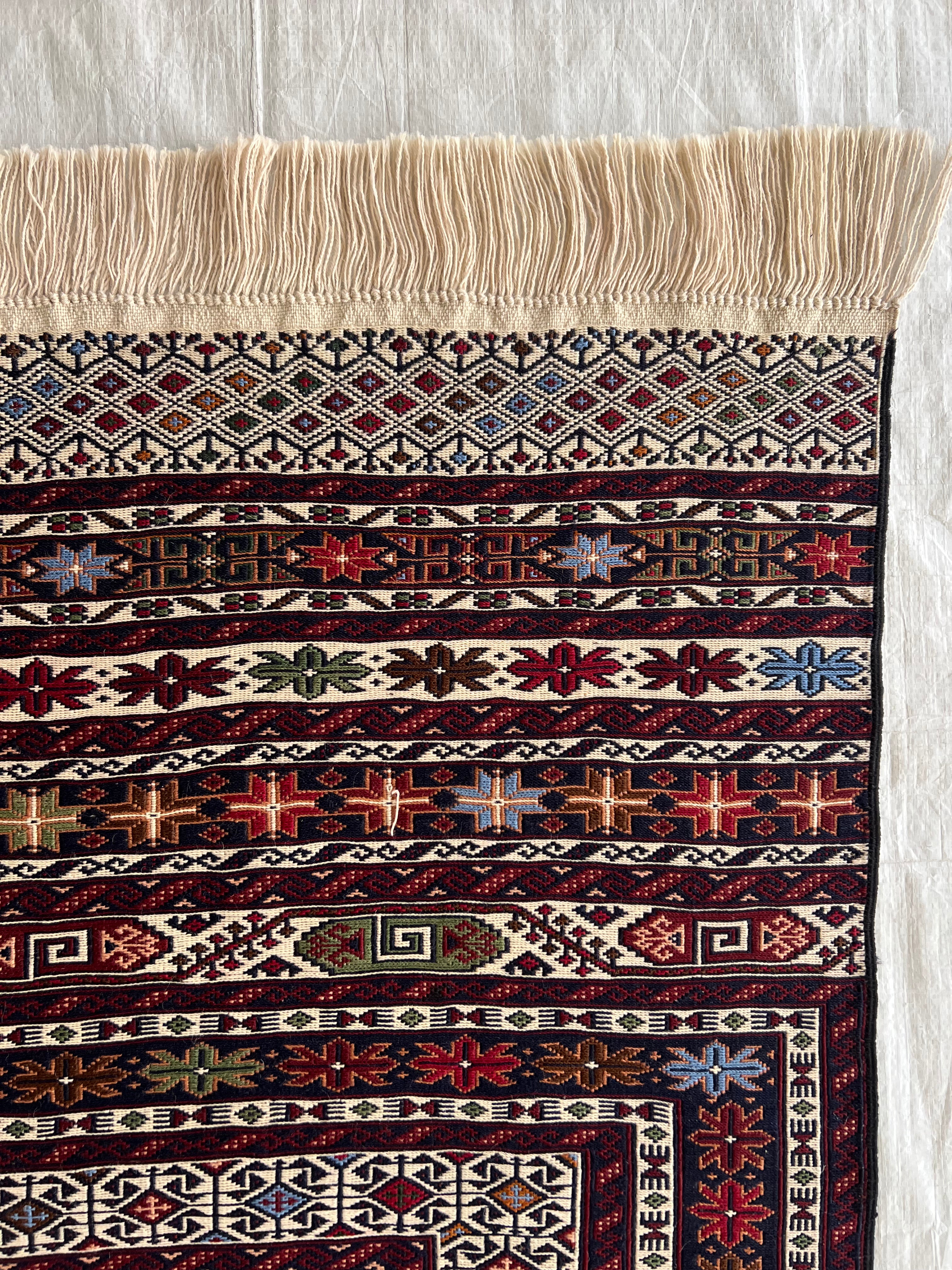 Kilim Rug 4x6 | Burgundy, Ivory & Gray | Hand-Woven Wool Flatweave