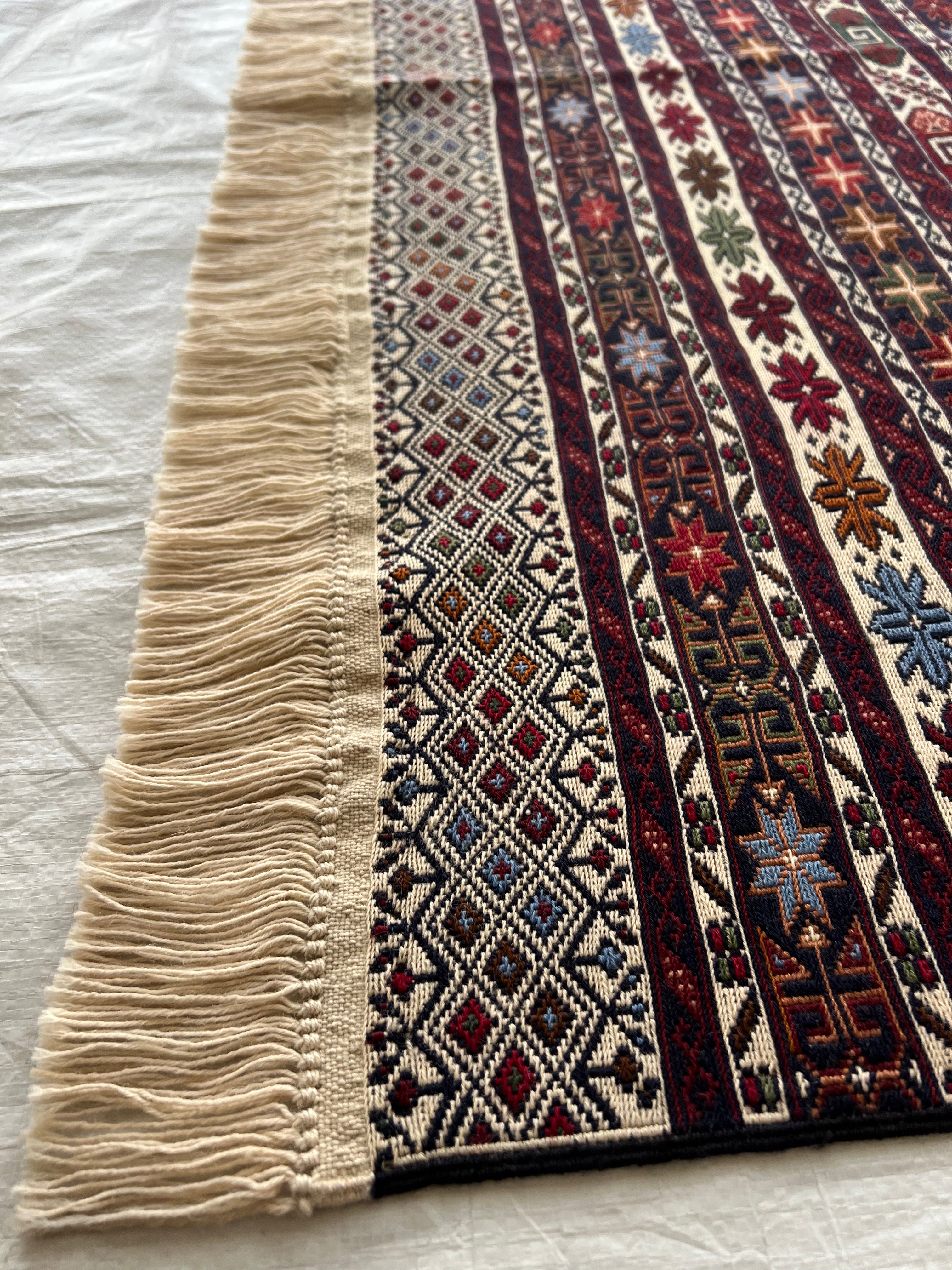 Kilim Rug 4x6 | Burgundy, Ivory & Gray | Hand-Woven Wool Flatweave