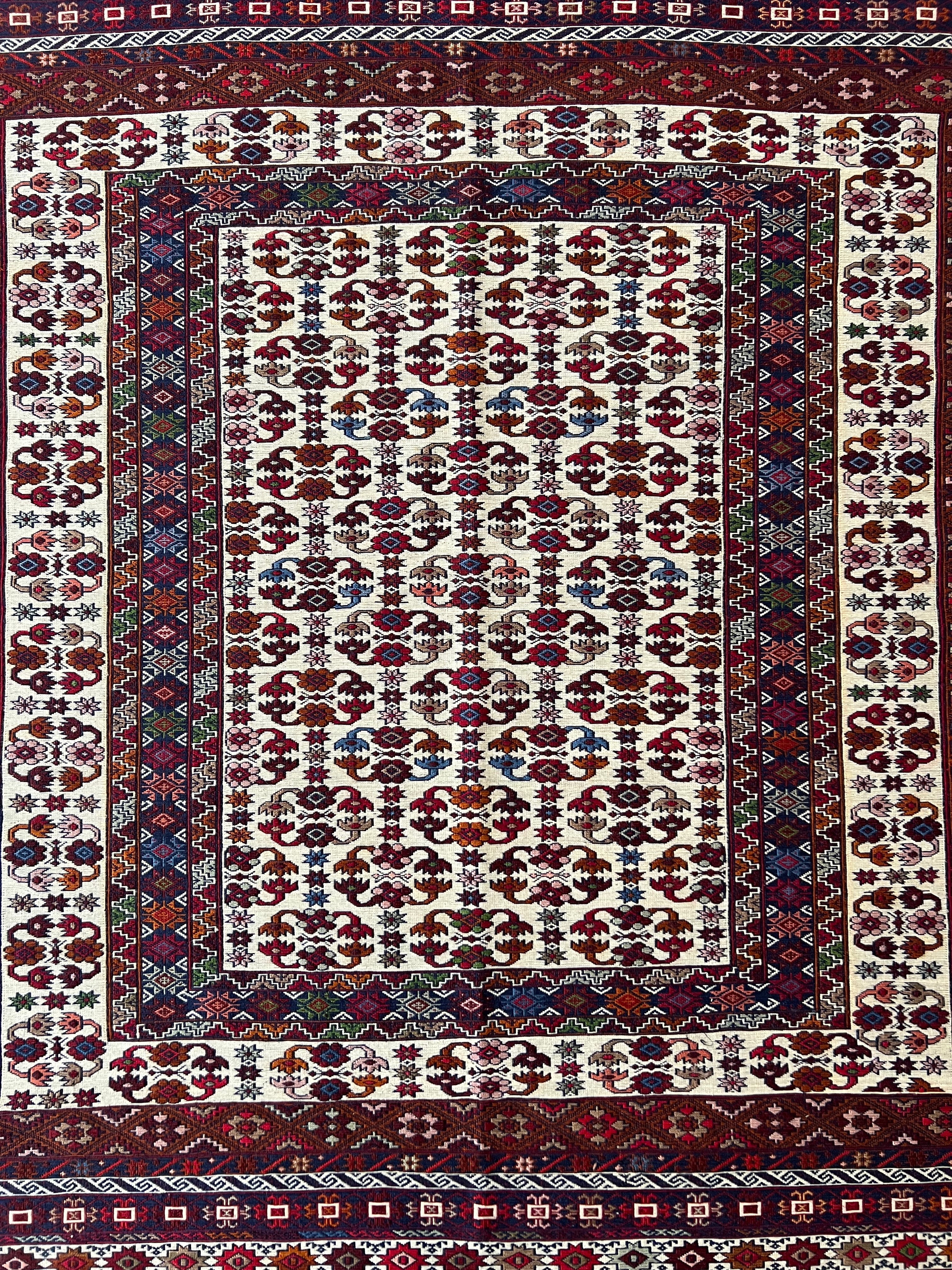 Kilim Tribal Rug 4x7 | Burgundy, Ivory, Red & Navy | Hand-Woven Wool Flatweave