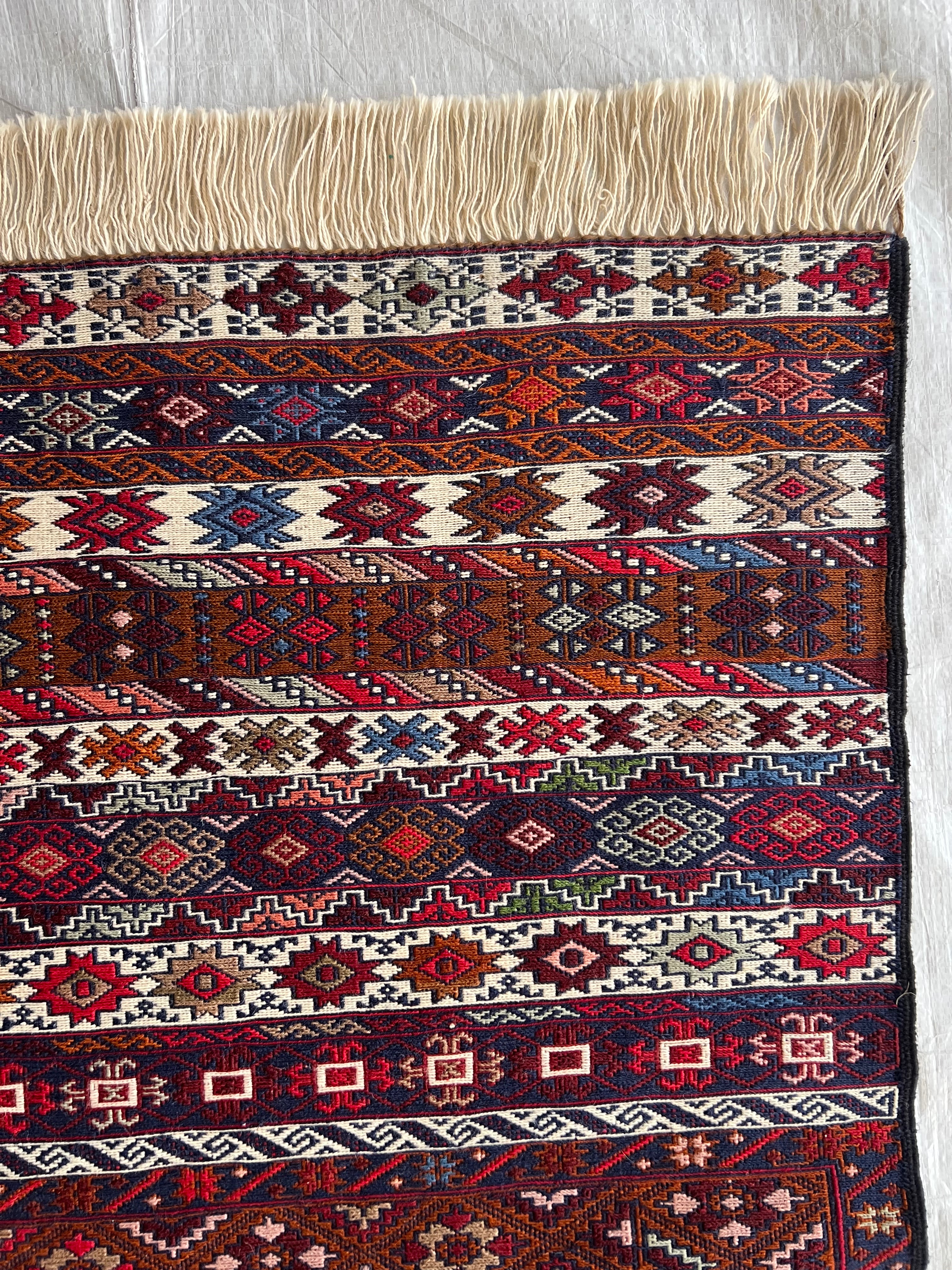 Kilim Tribal Rug 4x7 | Burgundy, Ivory, Red & Navy | Hand-Woven Wool Flatweave
