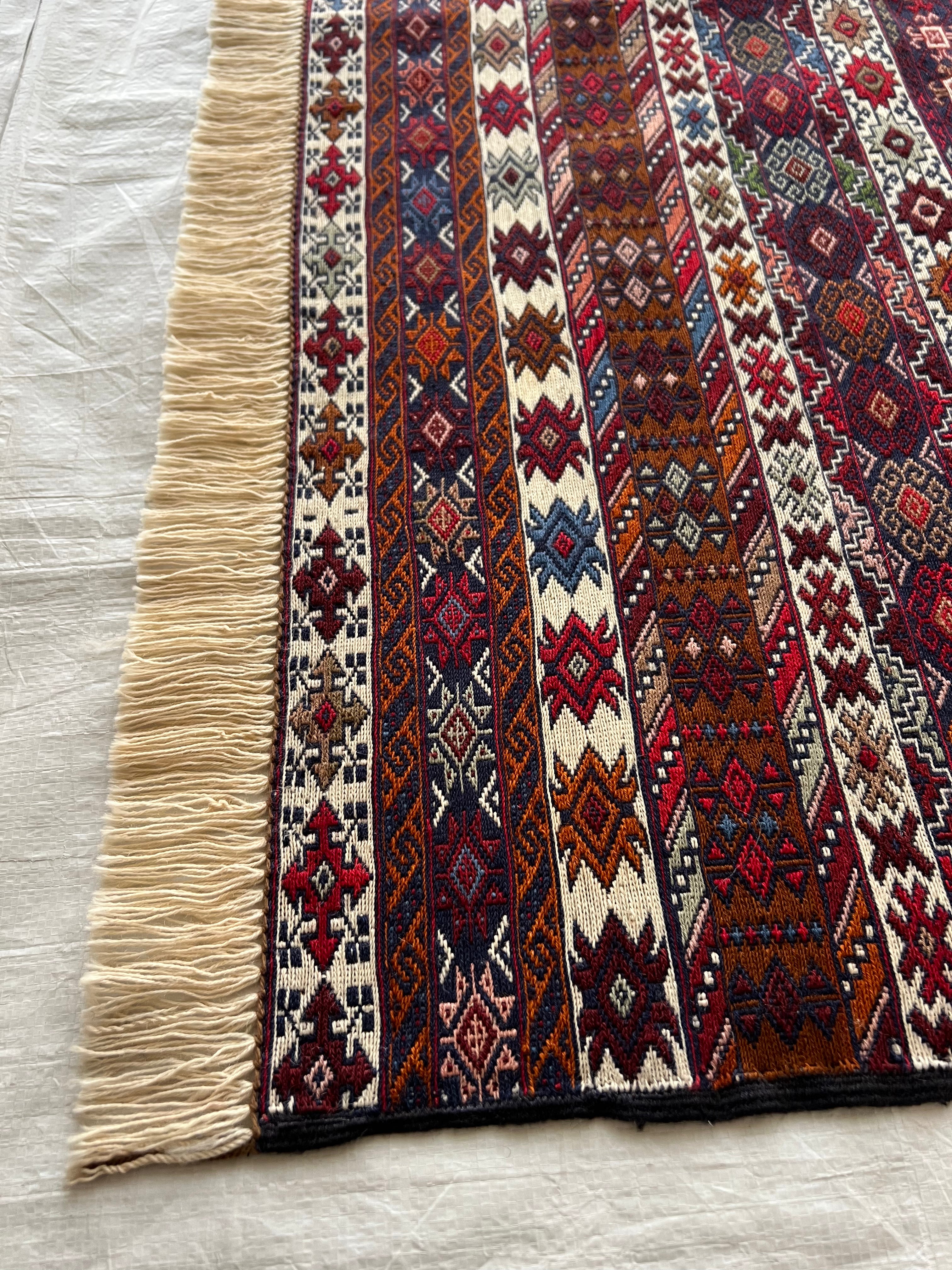 Kilim Tribal Rug 4x7 | Burgundy, Ivory, Red & Navy | Hand-Woven Wool Flatweave
