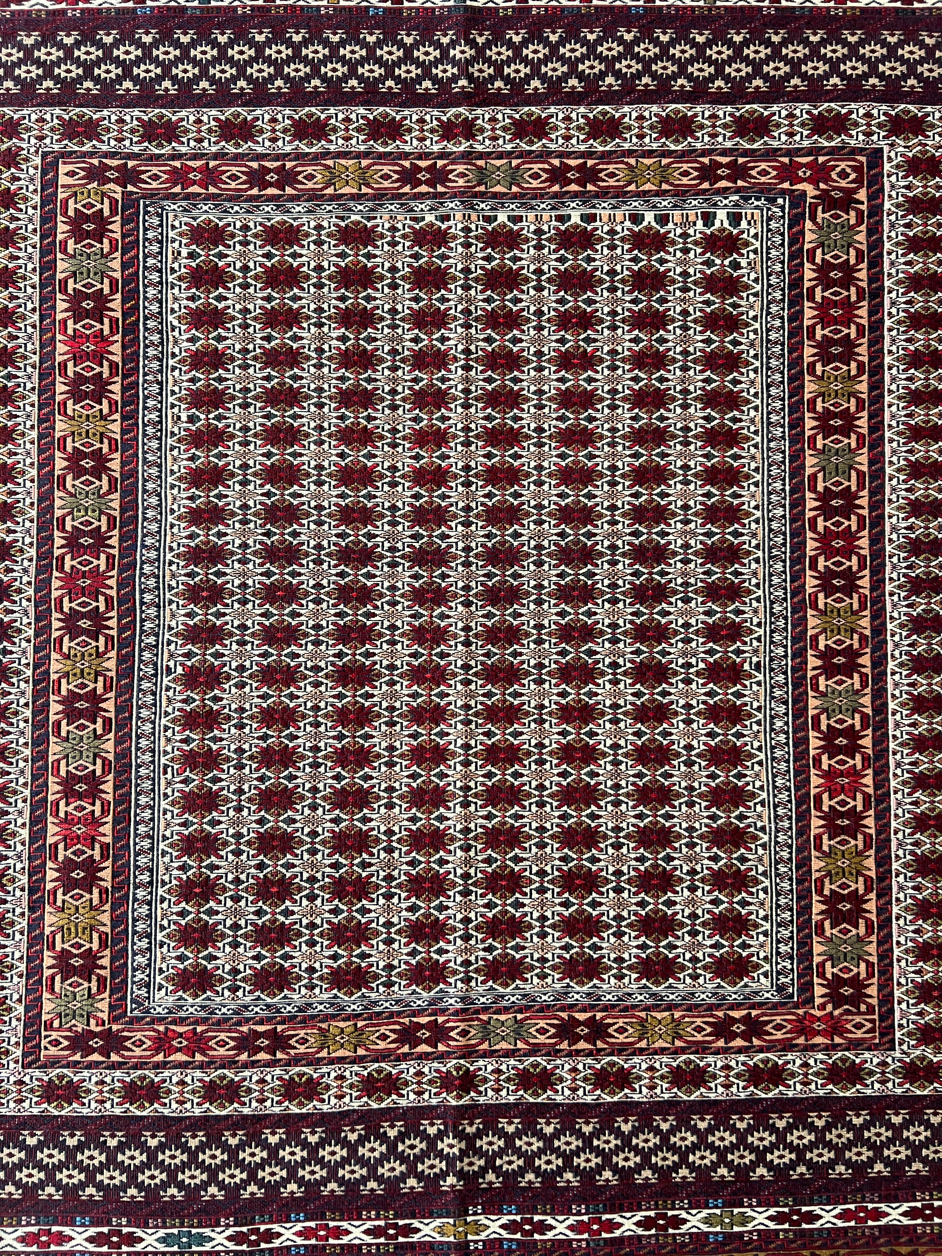 Kilim Rug 4x7 | Burgundy, Ivory & Red | Hand-Woven Wool Flatweave