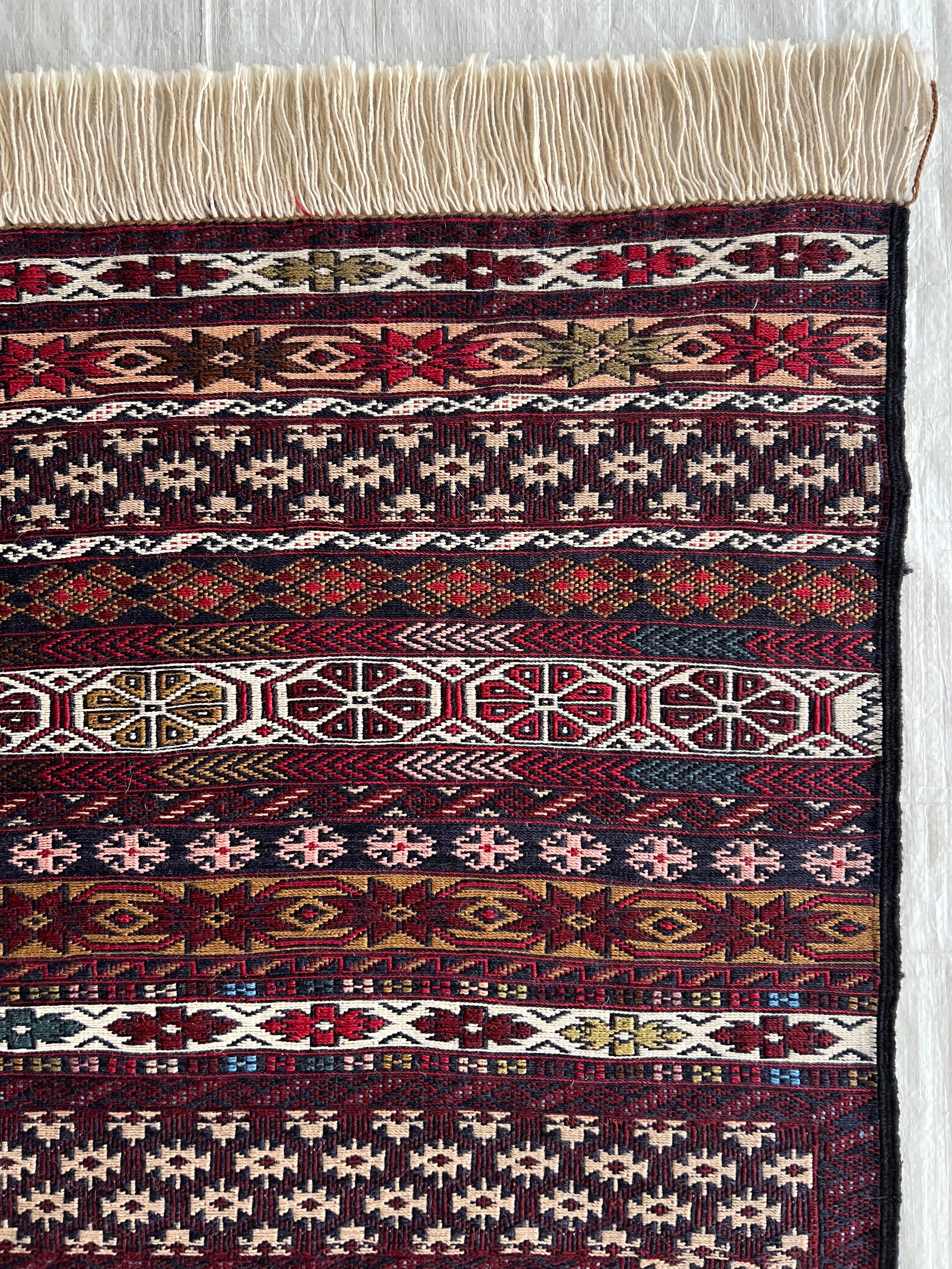 Kilim Rug 4x7 | Burgundy, Ivory & Red | Hand-Woven Wool Flatweave