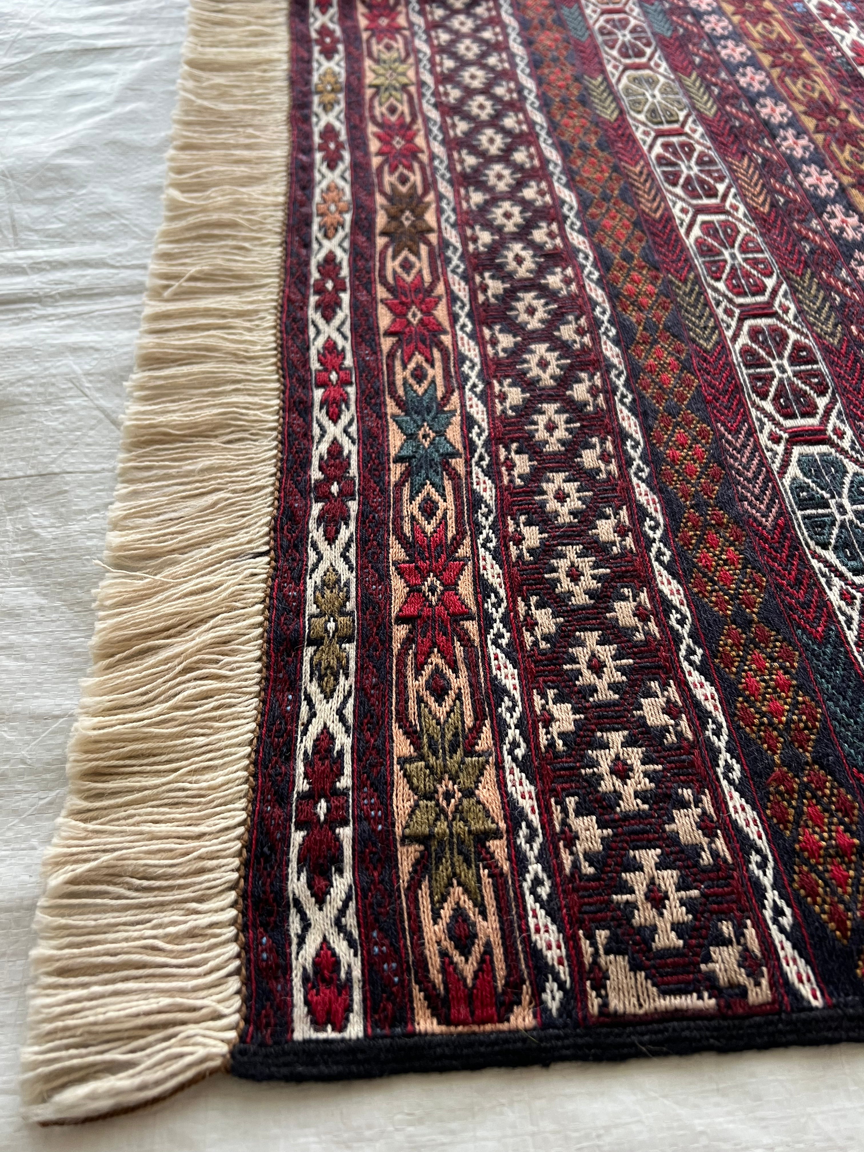 Kilim Rug 4x7 | Burgundy, Ivory & Red | Hand-Woven Wool Flatweave