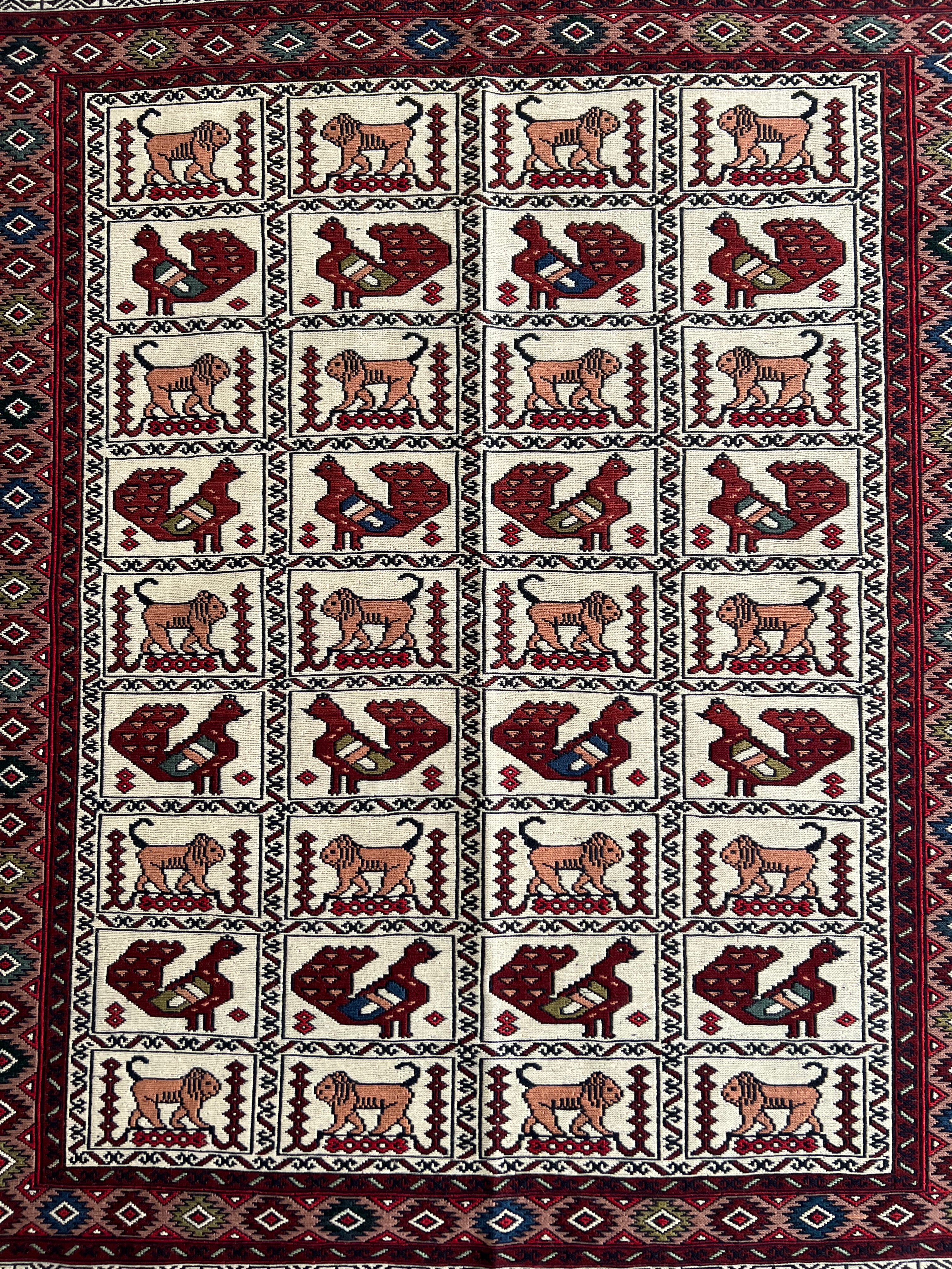 Kilim Rug 5x6 | Burgundy, Ivory & Red | Hand-Woven Wool Flatweave