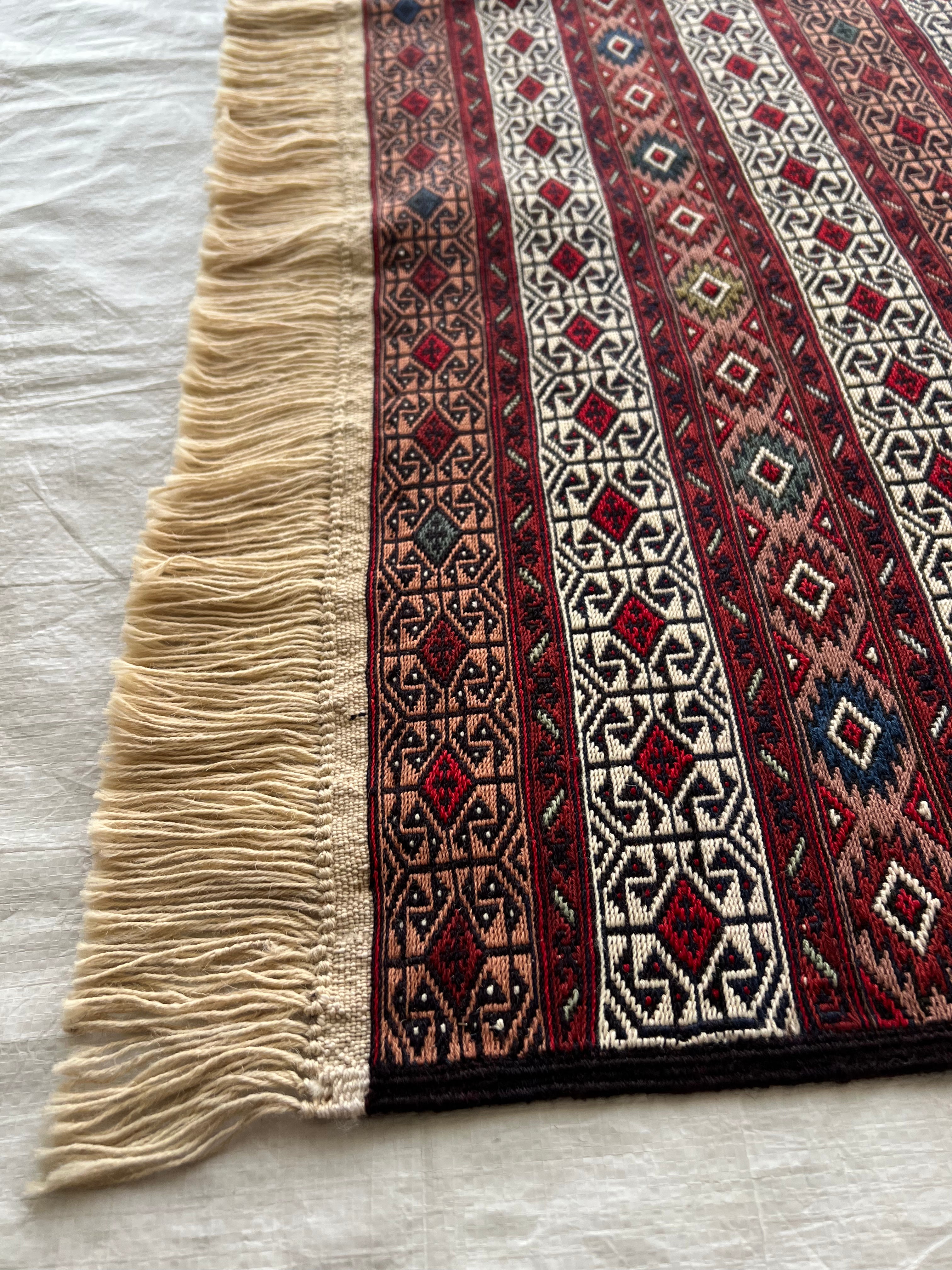 Kilim Rug 5x6 | Burgundy, Ivory & Red | Hand-Woven Wool Flatweave