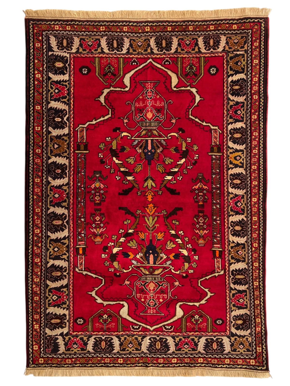 Oriental Rug 4x6 | Red, Navy & Ivory | Hand-Knotted Wool