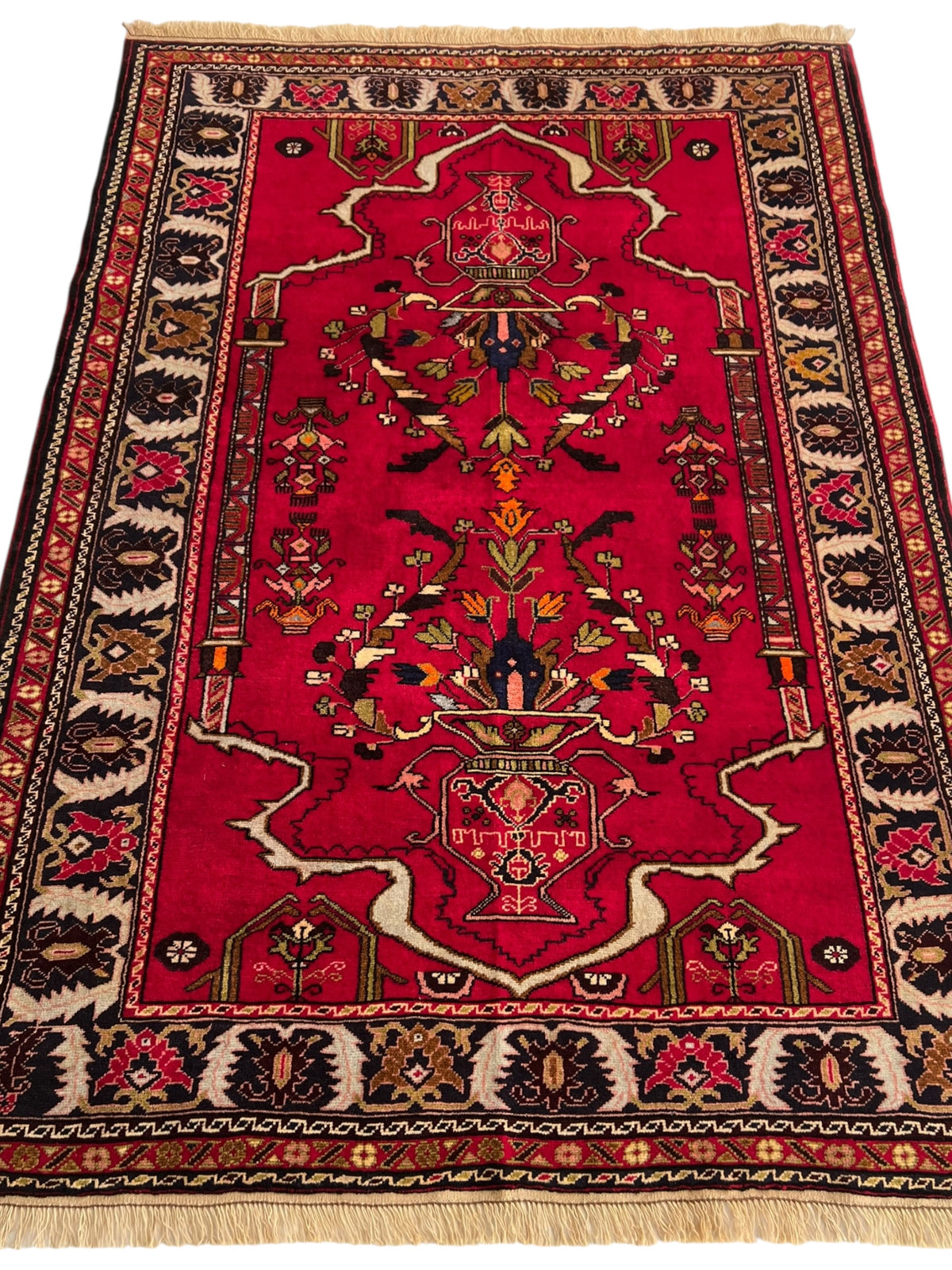 Oriental Rug 4x6 | Red, Navy & Ivory | Hand-Knotted Wool
