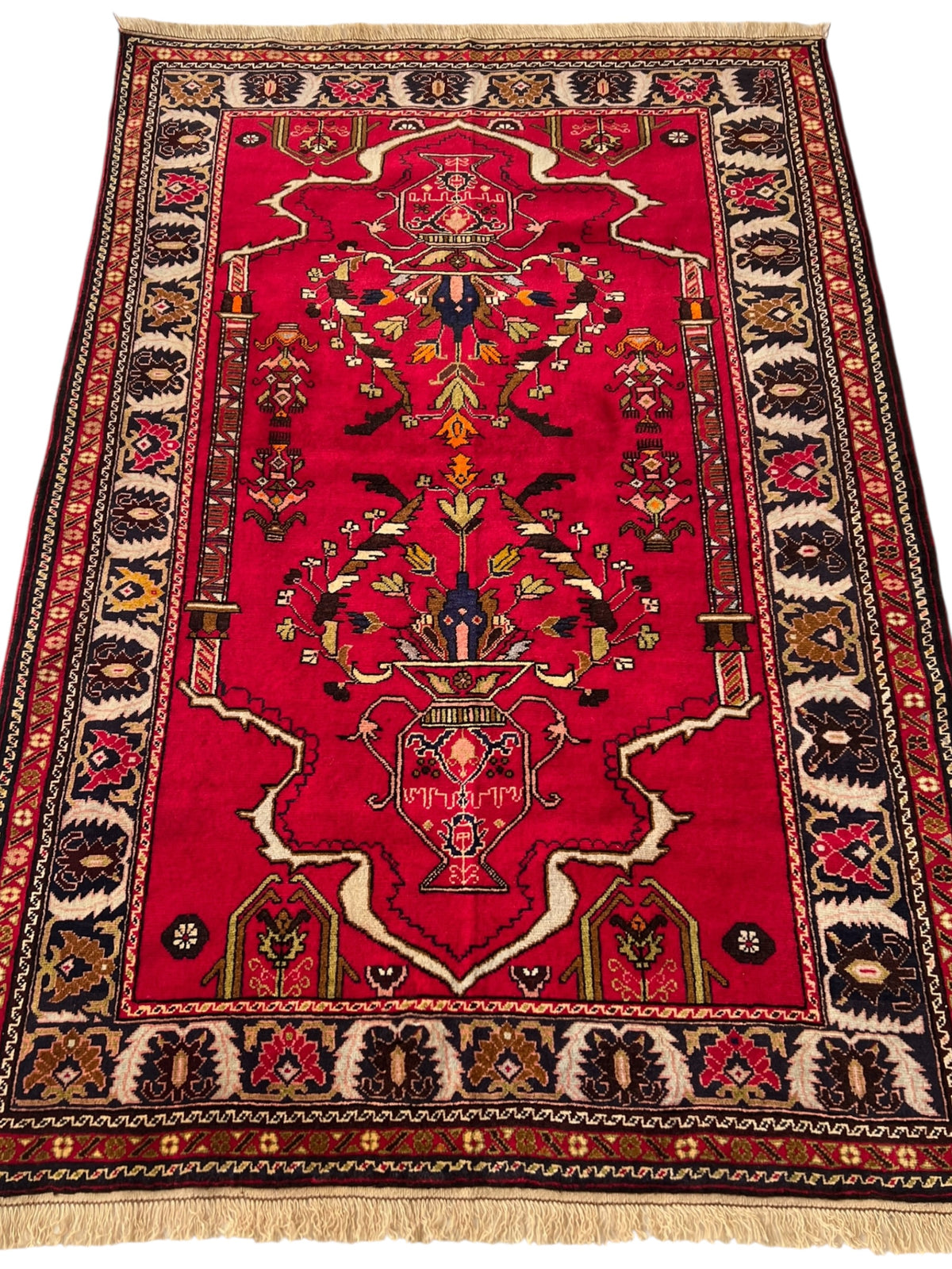 Oriental Rug 4x6 | Red, Navy & Ivory | Hand-Knotted Wool